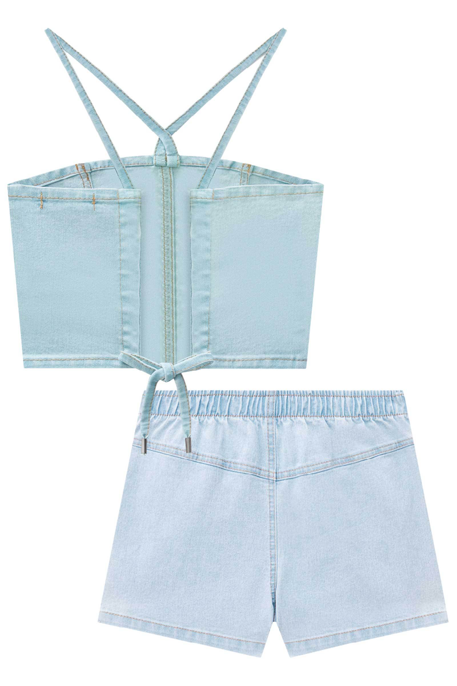 Conjunto de Top Cropped e Short Saia em Jeans Bellini com Elastano 75030 Vic&Vicky