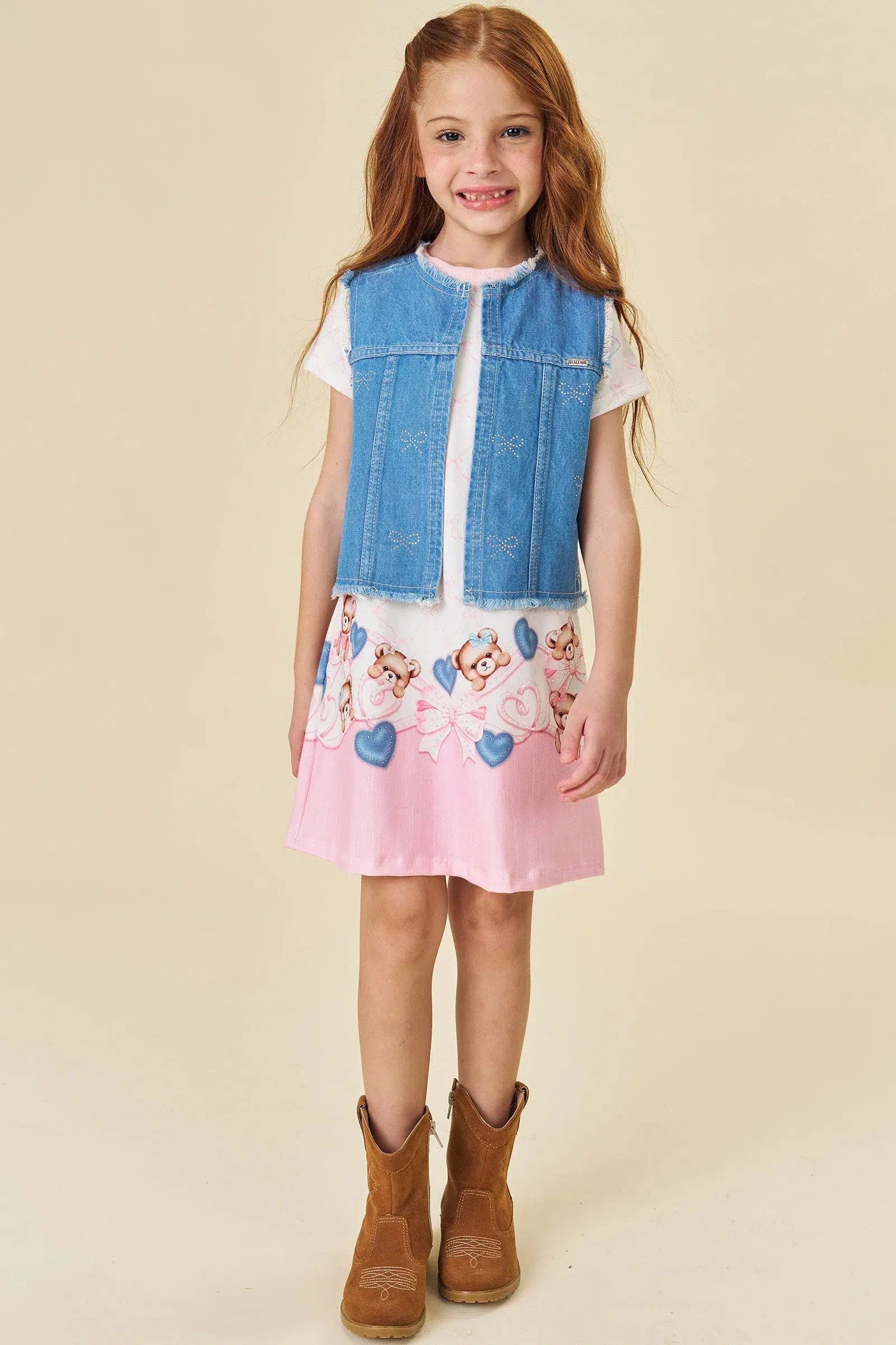 Conjunto Infantil de Vestido em Malha Power e Colete em Jeans 81657 Infanti