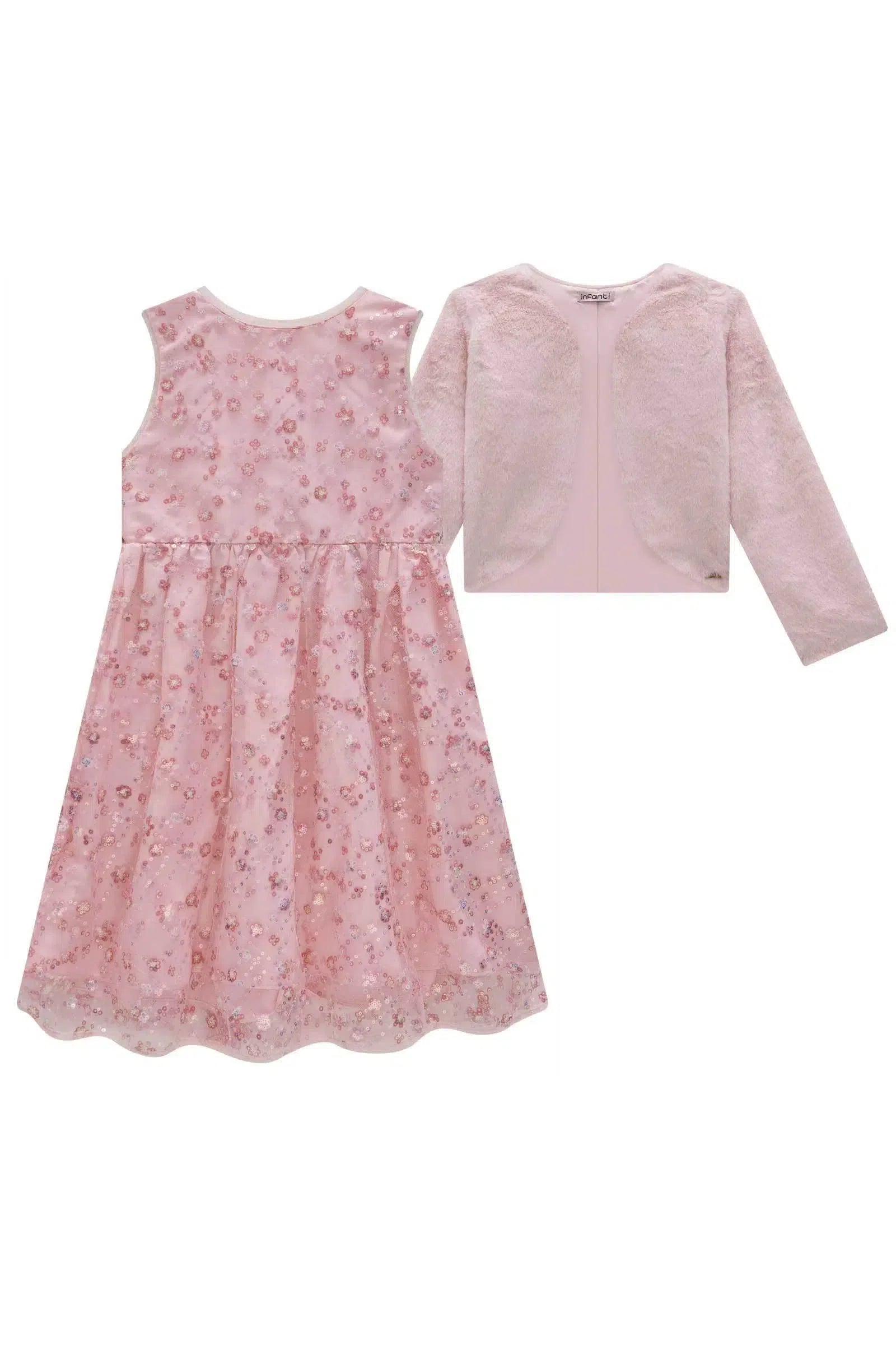 Conjunto de Vestido em Tule Bordado Paetê e Bolero em Pelo Liso 79322 Infanti Infantil Menina