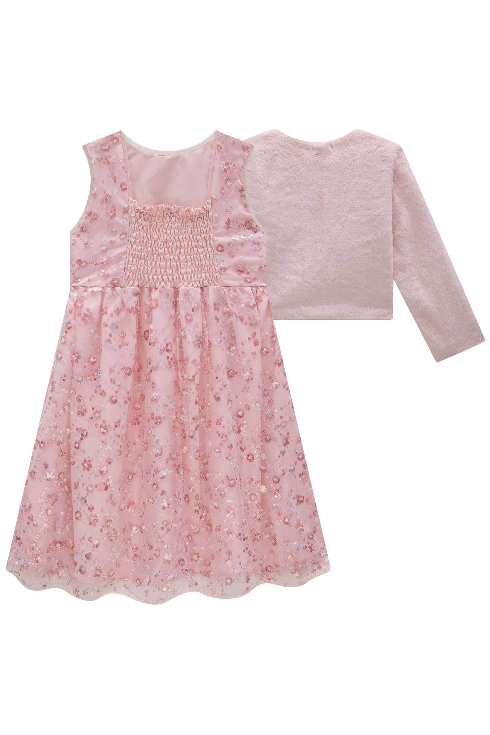 Conjunto de Vestido em Tule Bordado Paetê e Bolero em Pelo Liso 79322 Infanti Infantil Menina