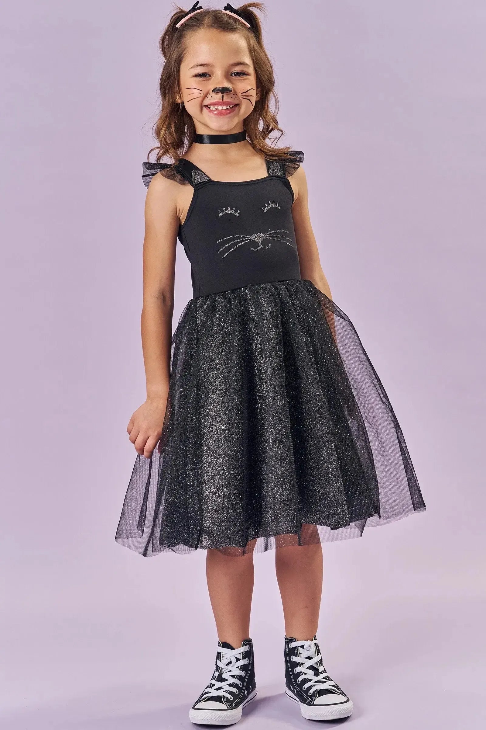Fantasia de Gatinha (Vestido em Fly Tech Tule e Malha Brilho) 85882 Kukiê Infantil Menina