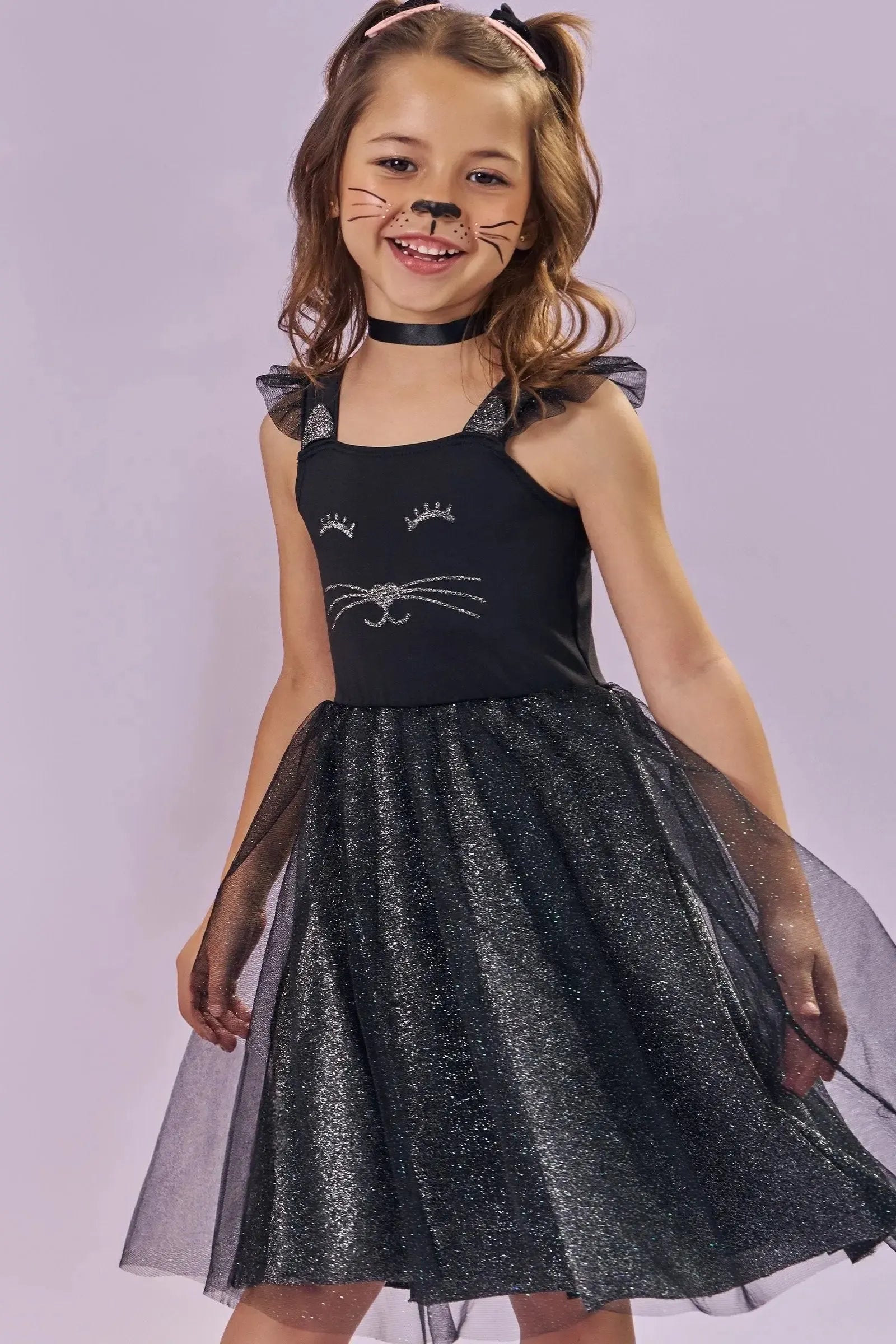 Fantasia de Gatinha (Vestido em Fly Tech Tule e Malha Brilho) 85882 Kukiê Infantil Menina