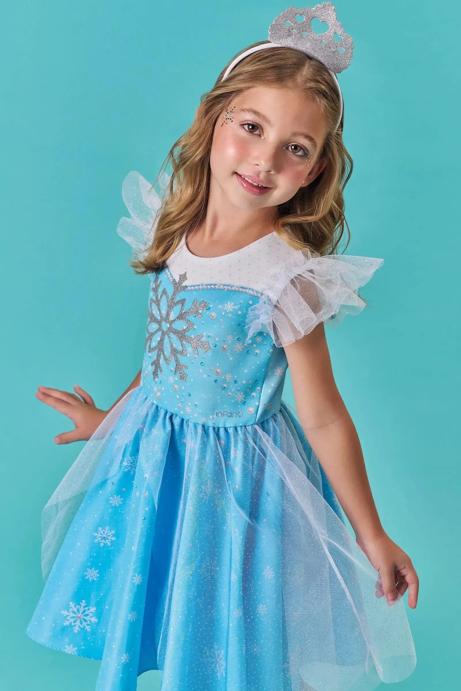 Fantasia de Princesa Do Gelo em Fly Tech e Tule Glitter. Acompanha Tiara 85751 Infanti Infantil Menina
