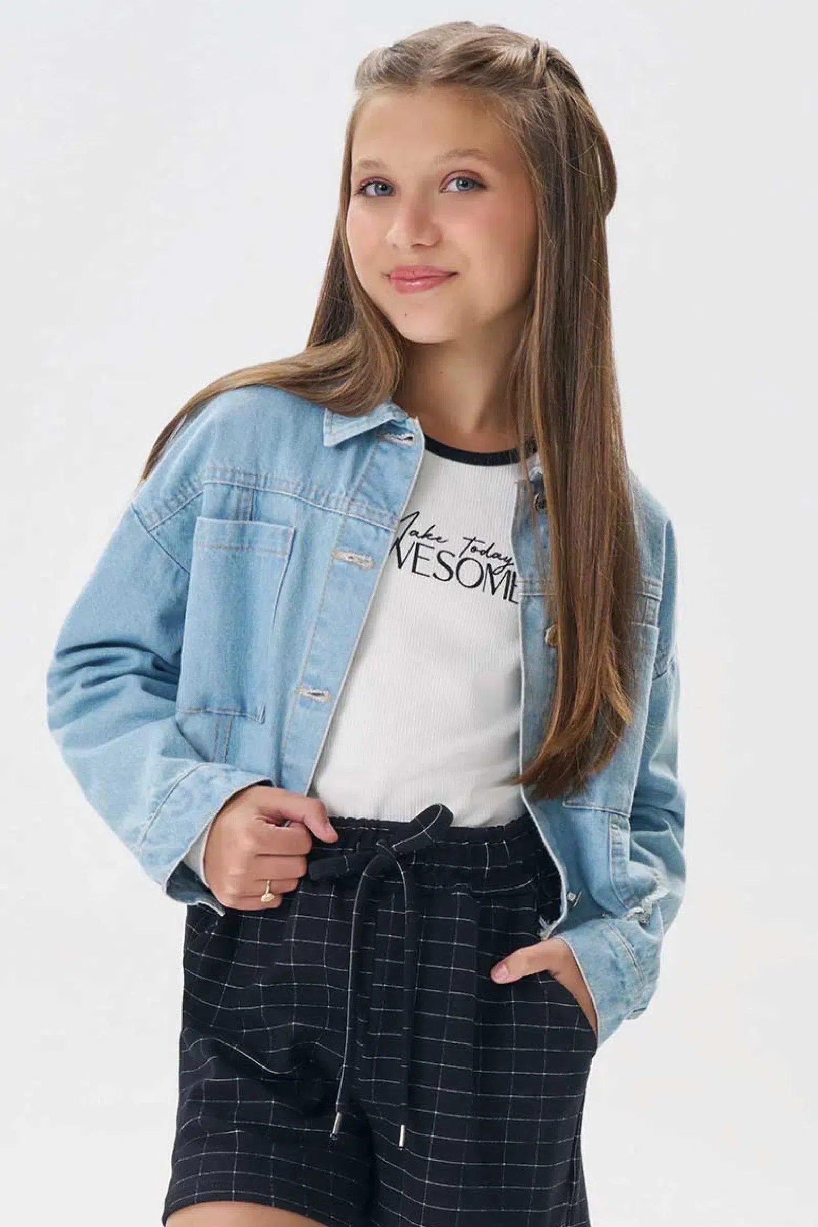 Jaqueta Baggy Cropped em Jeans 80130 Vic&Vicky Teen Menina