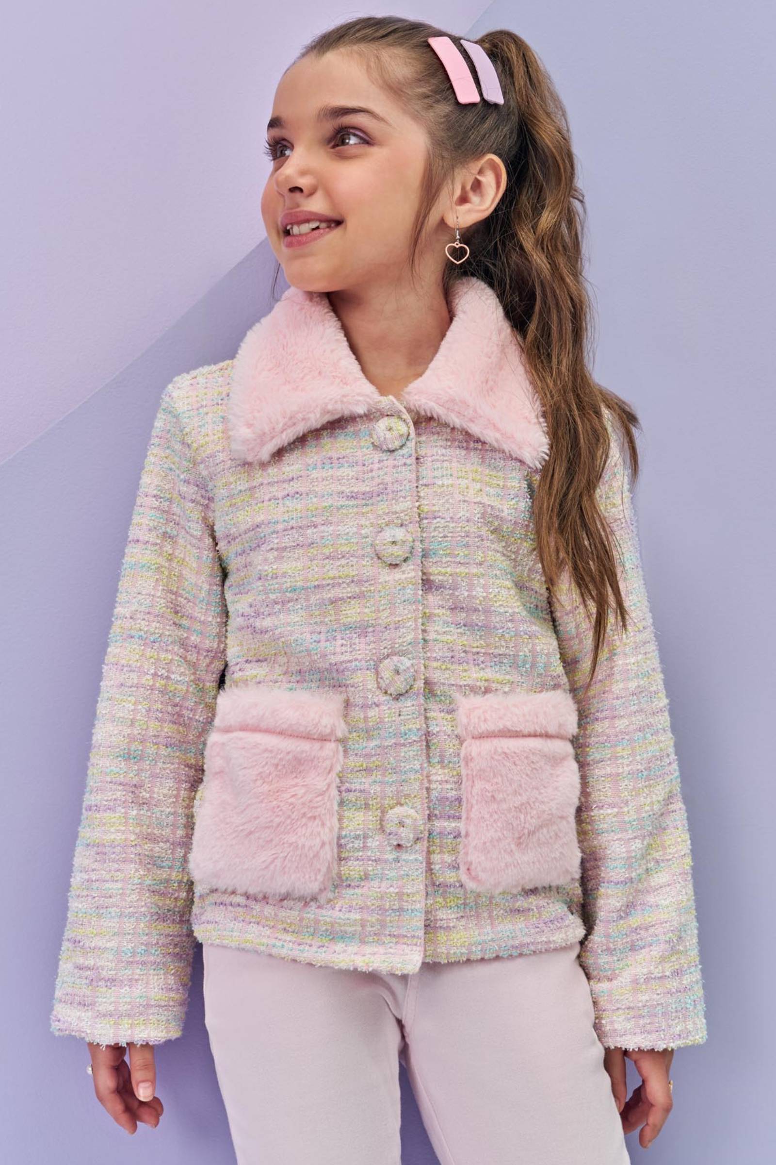 Jaqueta em Malha Tweed Firenzi e Pelo 80122 Infanti Infantil Menina