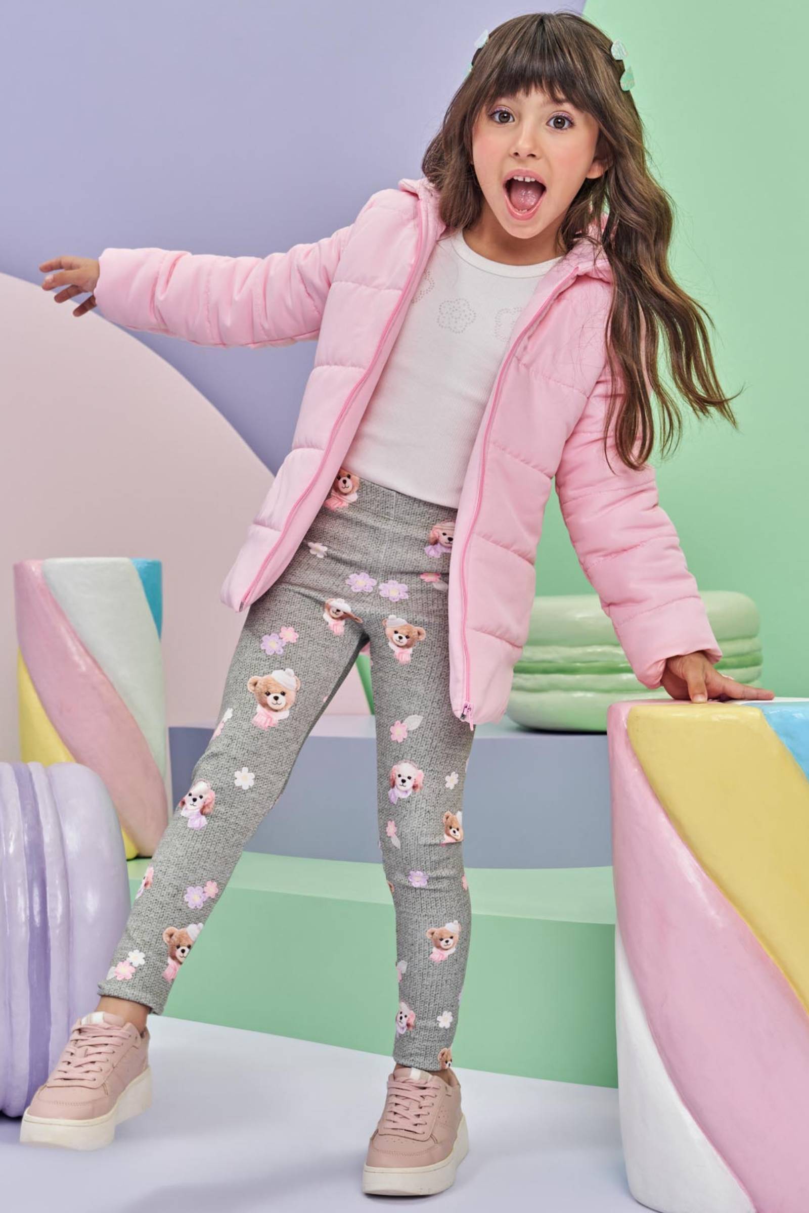 Jaqueta Puffer Alongada em Nylon 80112 Infanti Infantil Menina