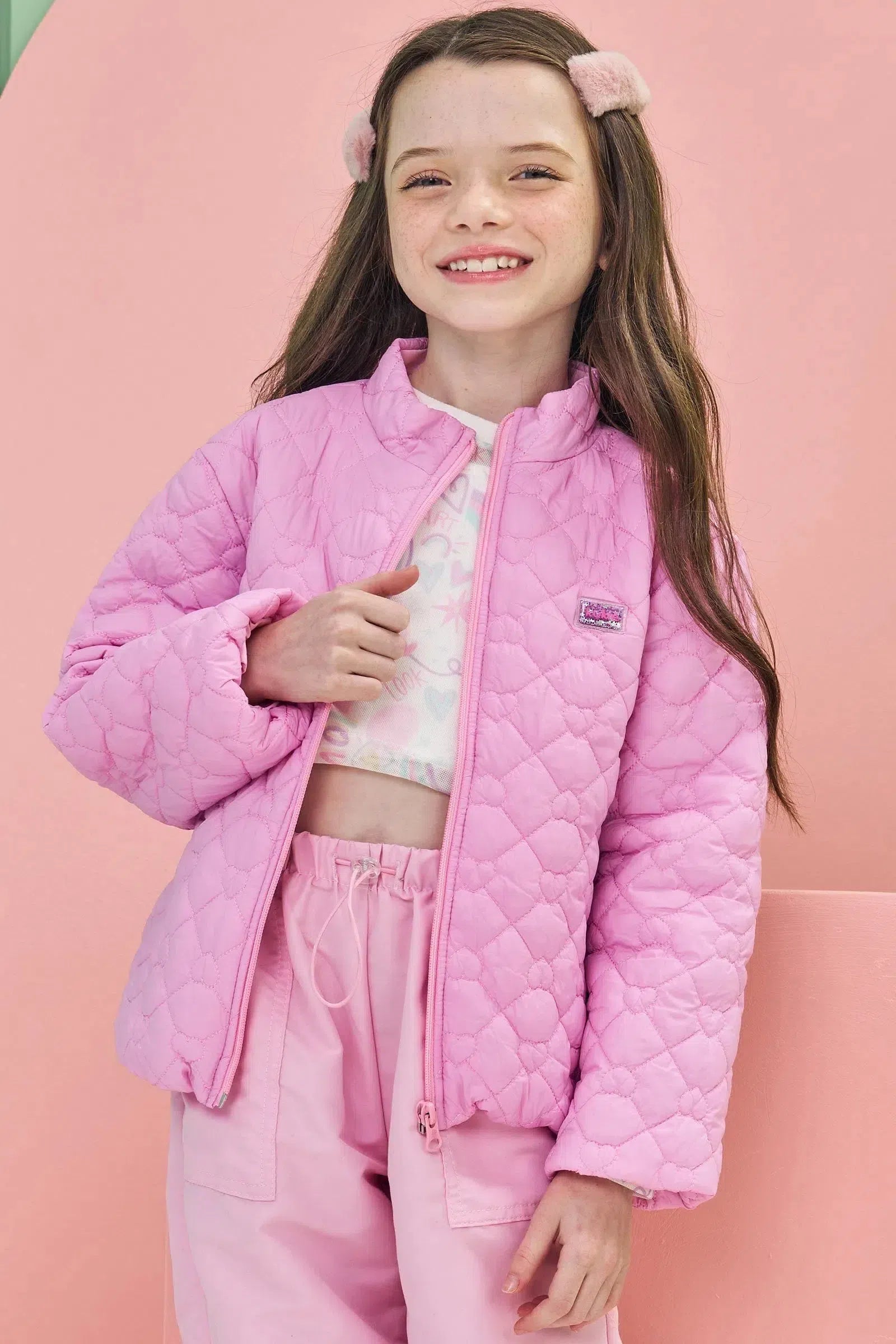 Jaqueta Puffer em Nylon Matelassê Coração 79184 Kukiê Infantil Menina