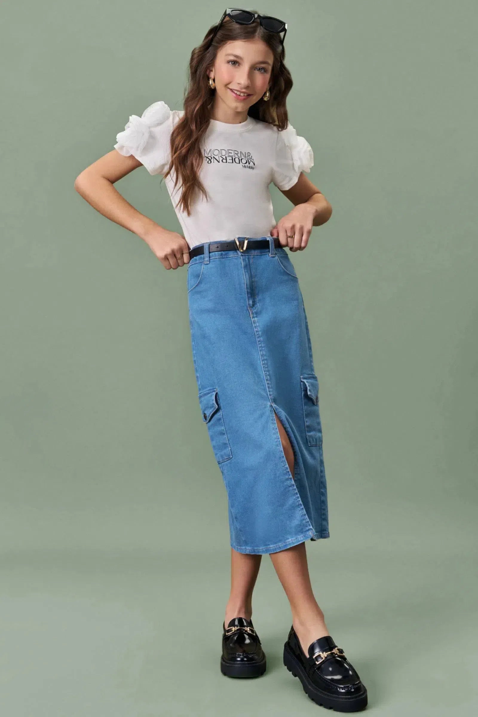 Saia Cargo Midi em Jeans com Elastano 81280 Vic&Vicky Teen Menina