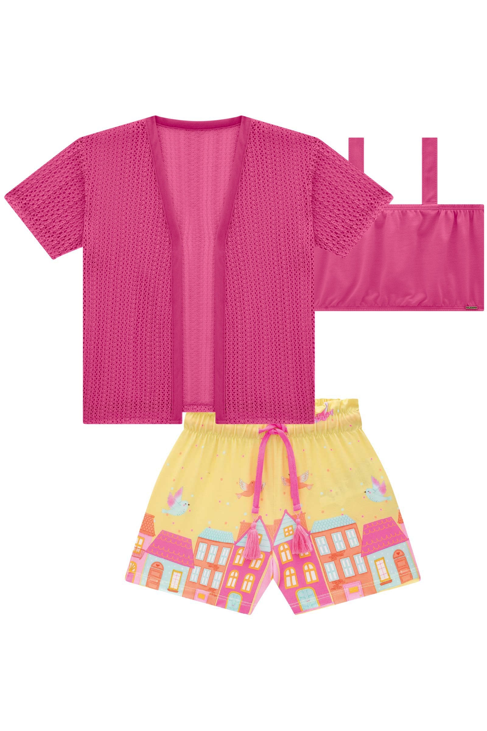 Trio de Kimono em Malha Tricot e Top e Shorts em Malha Fresh 77254 Kukiê