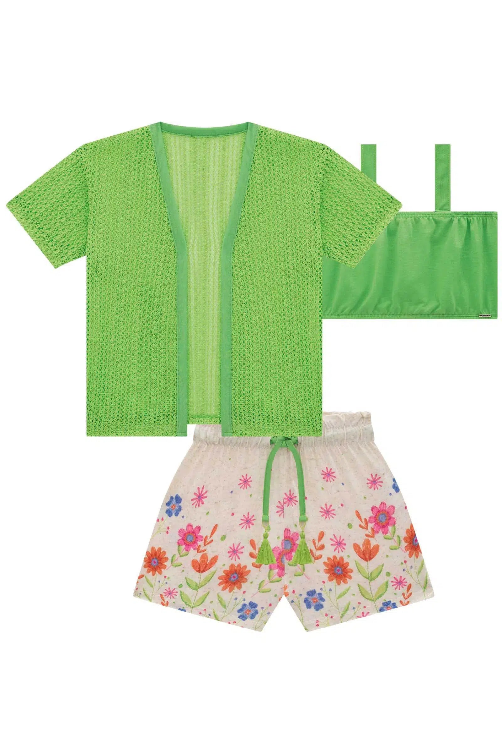 Trio de Kimono em Malha Tricot e Top e Shorts em Malha Fresh 77254 Kukiê