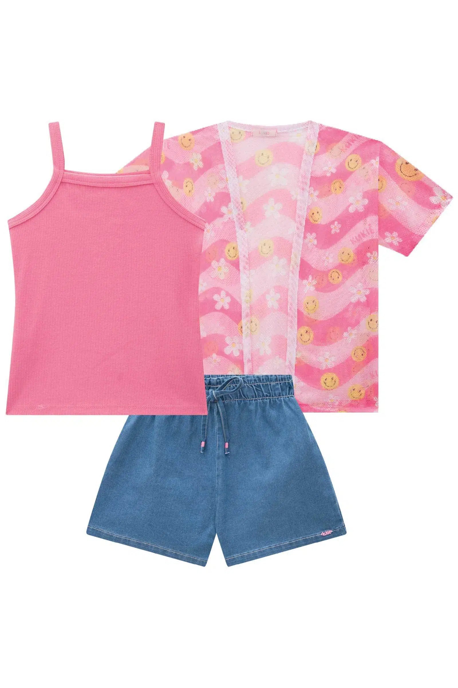 Trio Infantil Menina de Blusa em Canelado Shorts em Jeans Liz e Kimono em Tela Fashion 82055 Kukiê