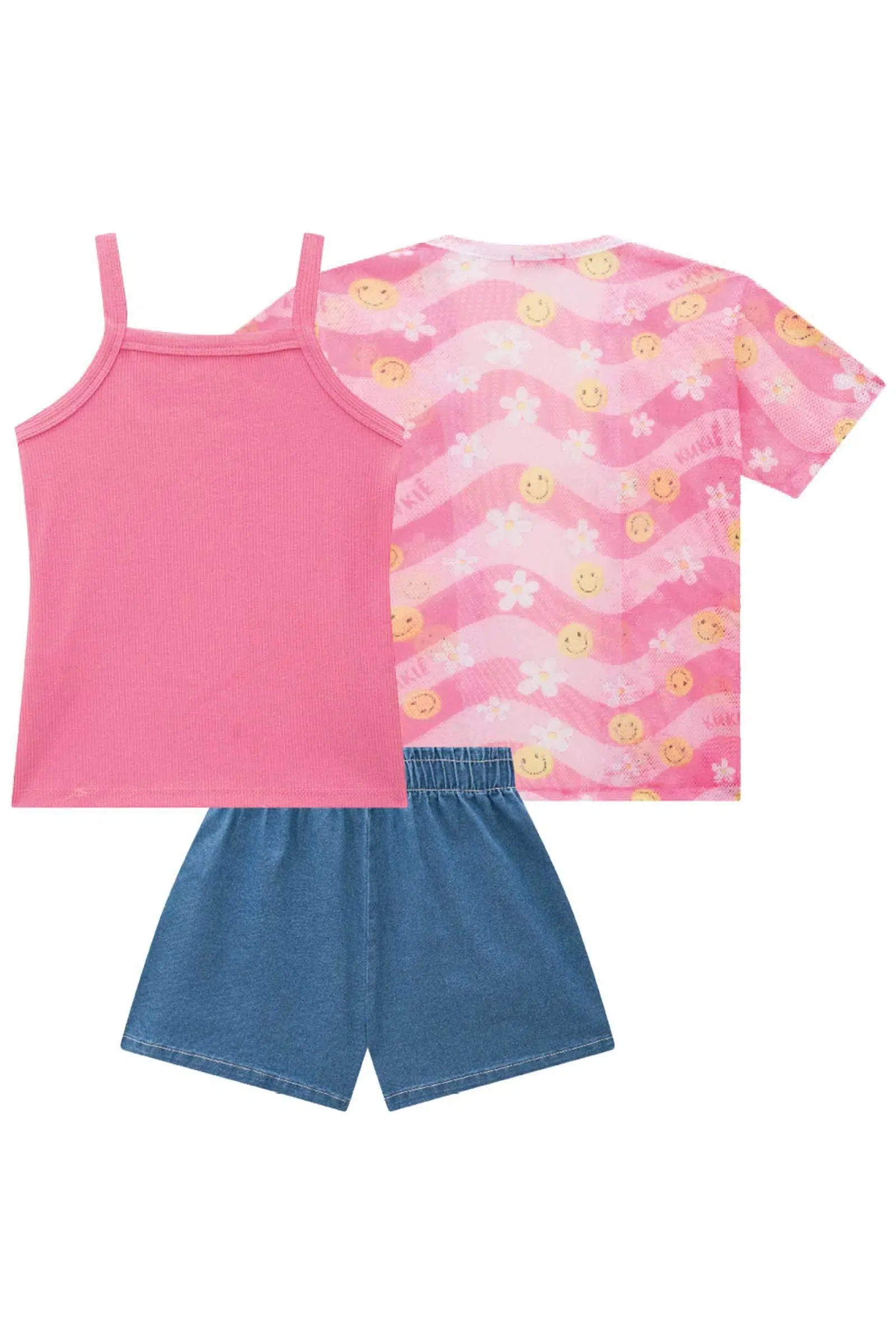 Trio Infantil Menina de Blusa em Canelado Shorts em Jeans Liz e Kimono em Tela Fashion 82055 Kukiê