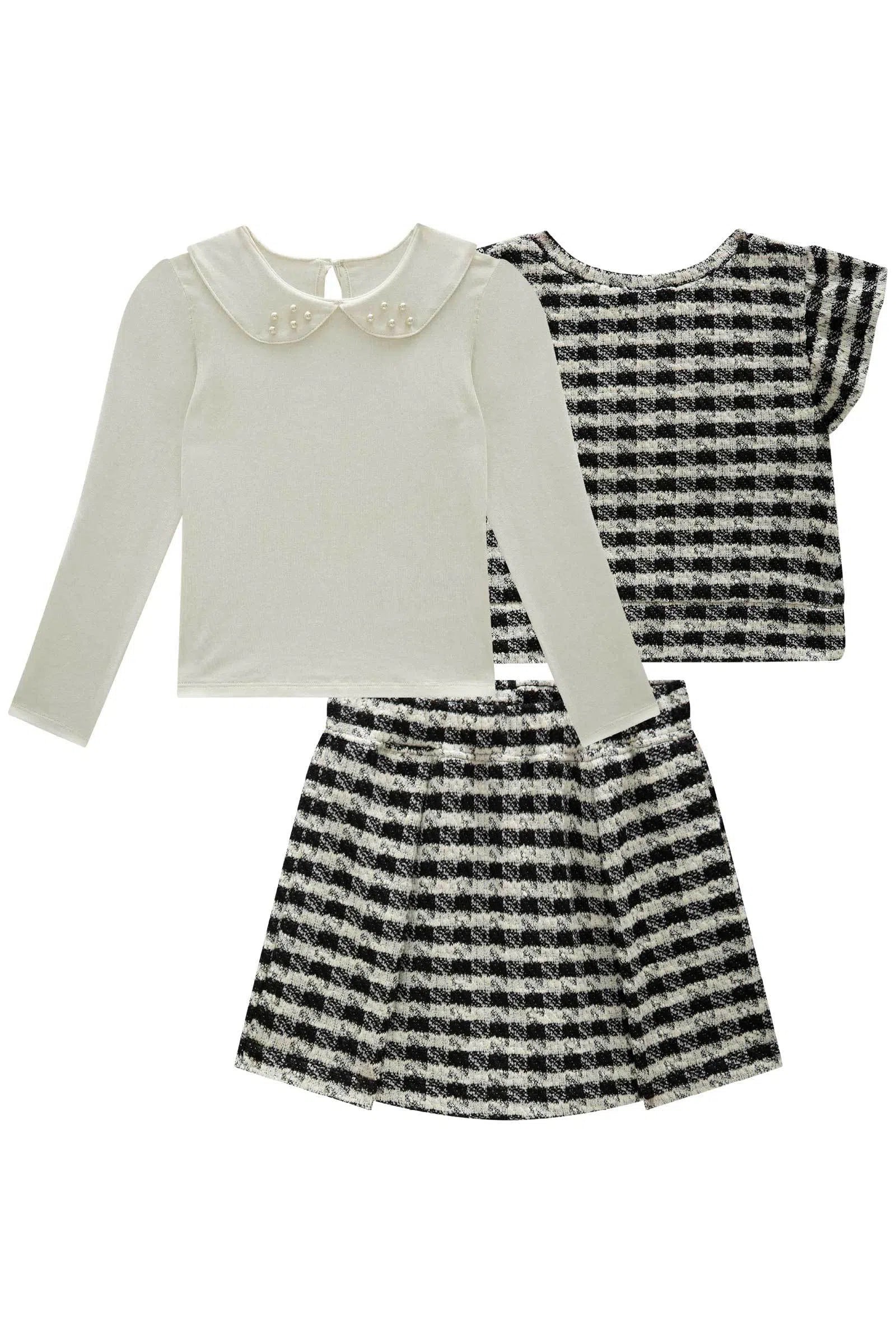 Trio de Blusa em Cotton Colete e Short Saia em Malha Tweed 79468 Kukiê Infantil Menina