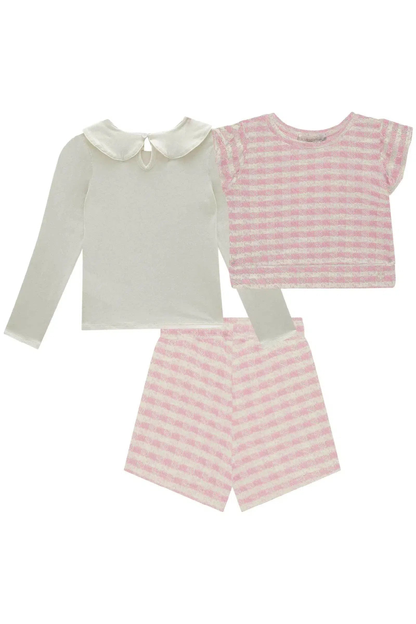 Trio de Blusa em Cotton Colete e Short Saia em Malha Tweed 79468 Kukiê Infantil Menina