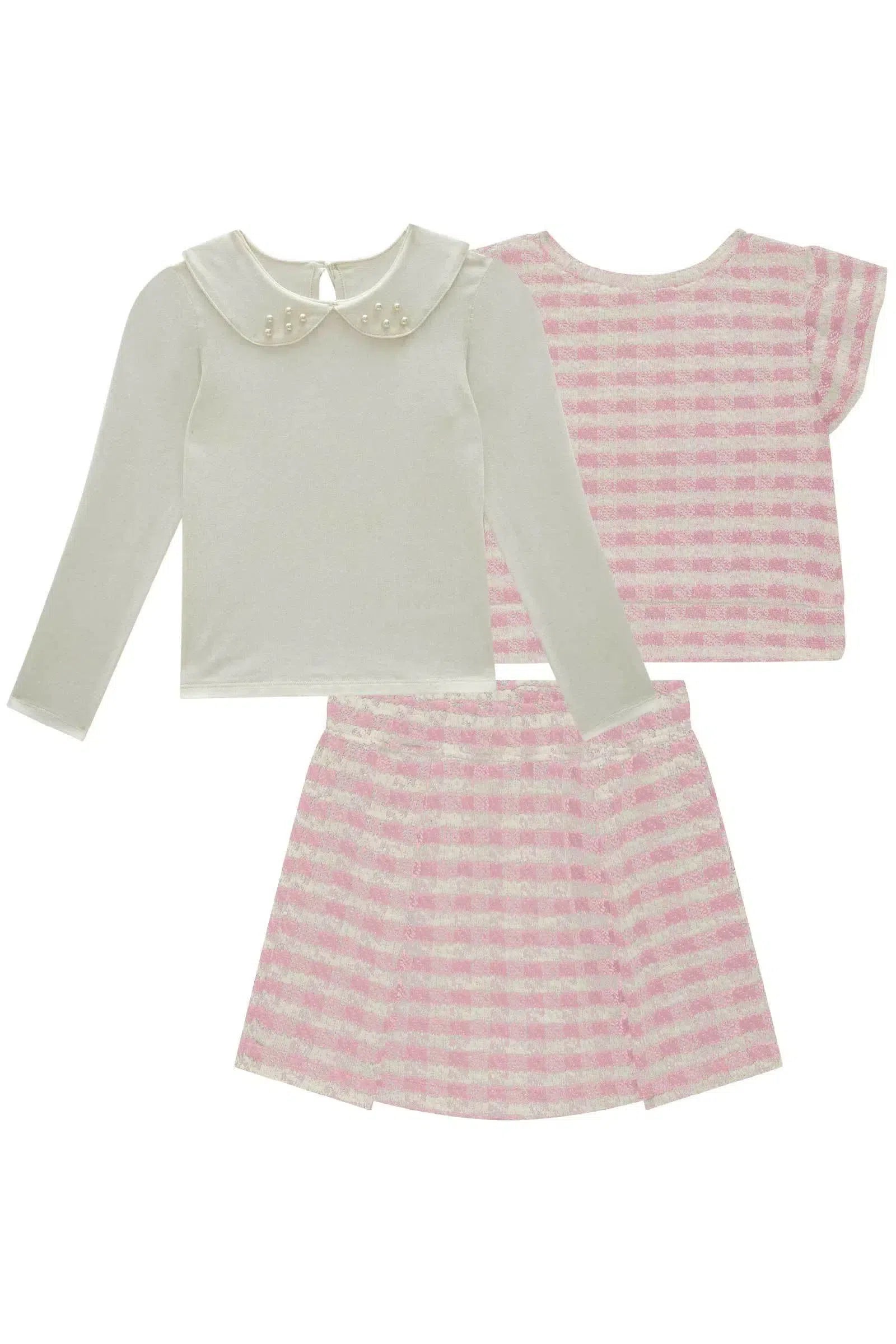 Trio de Blusa em Cotton Colete e Short Saia em Malha Tweed 79468 Kukiê Infantil Menina