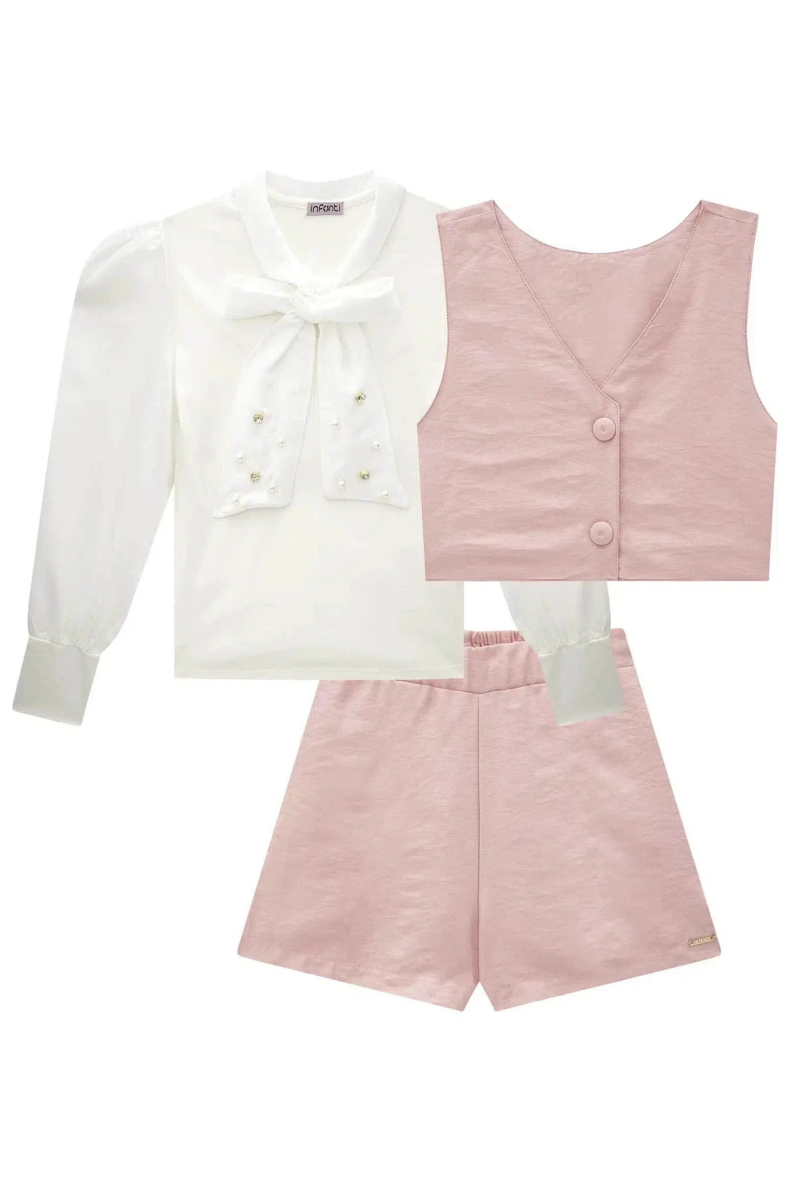 Trio de Blusa em Malha Power e Viscose Colete e Shorts em Alfaiataria Valentino 81186 Infanti Infantil Menina