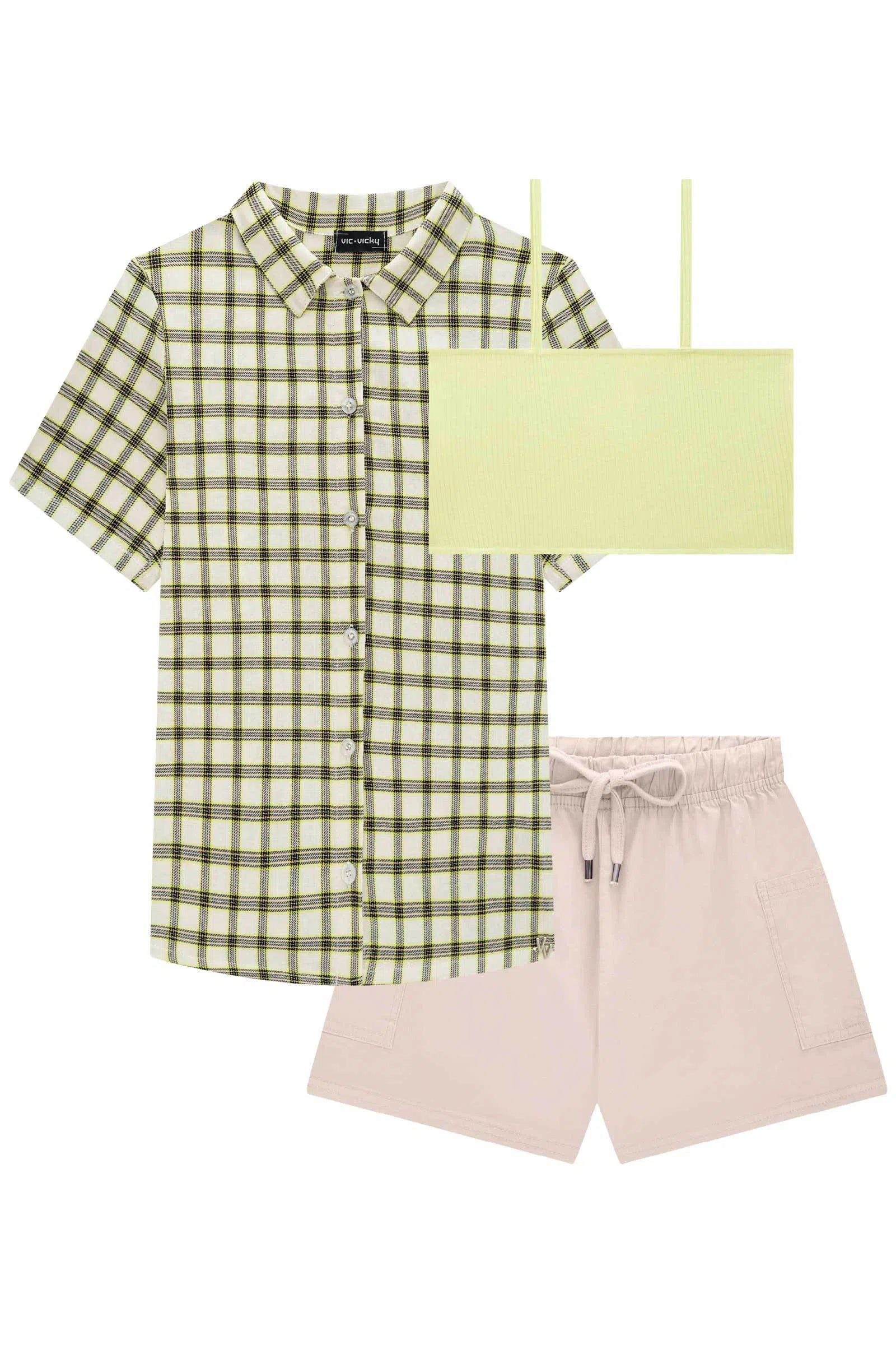 Trio de Camisa em Check Oasis Top em Canelado Maui e Shorts em Sarja com Elastano 75294 Vic&Vicky