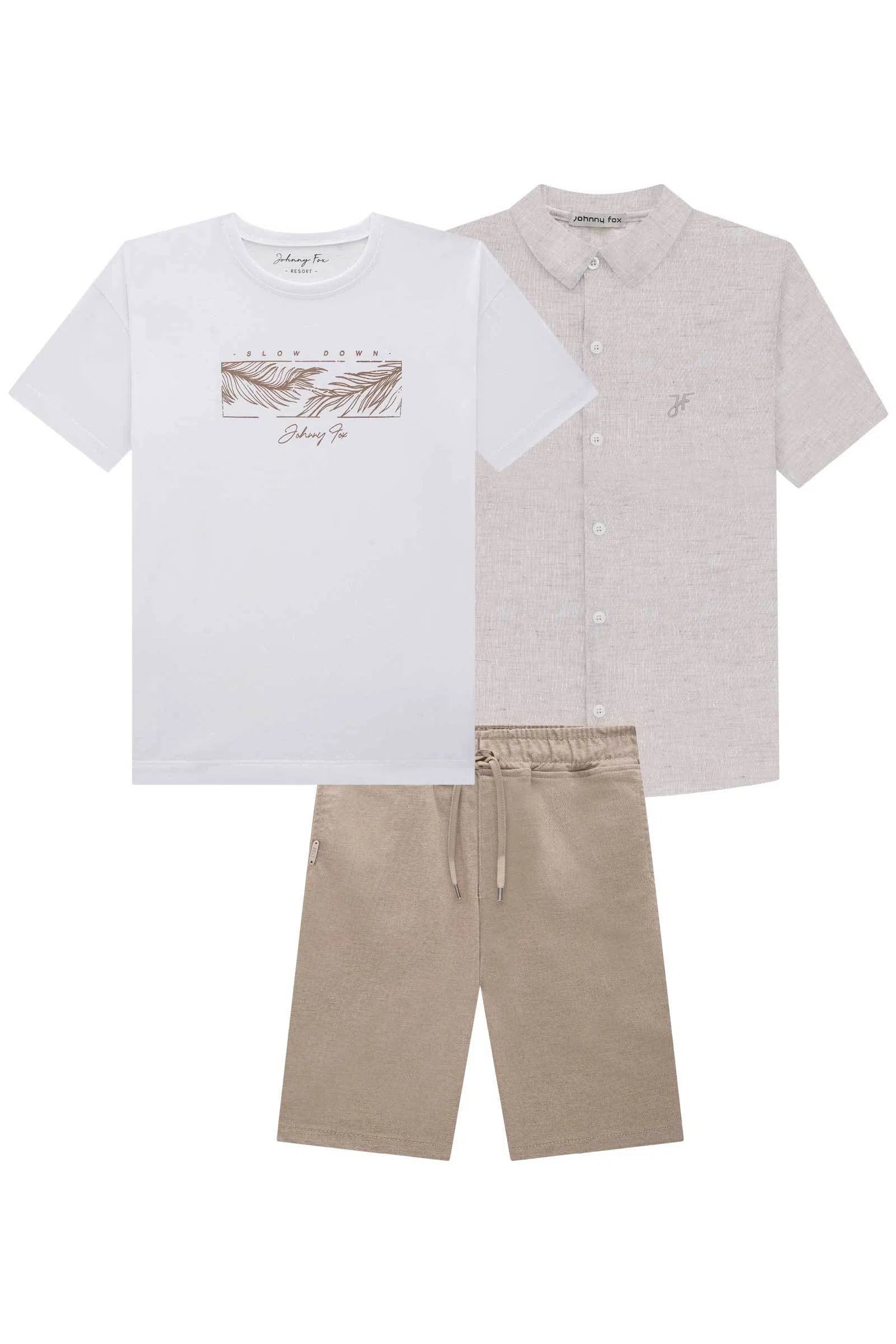 Trio de Camisa em Tecido Linen Look Bahamas Camiseta em M.m e Bermuda em Sarja Melange C/ 75844 Johnny Fox