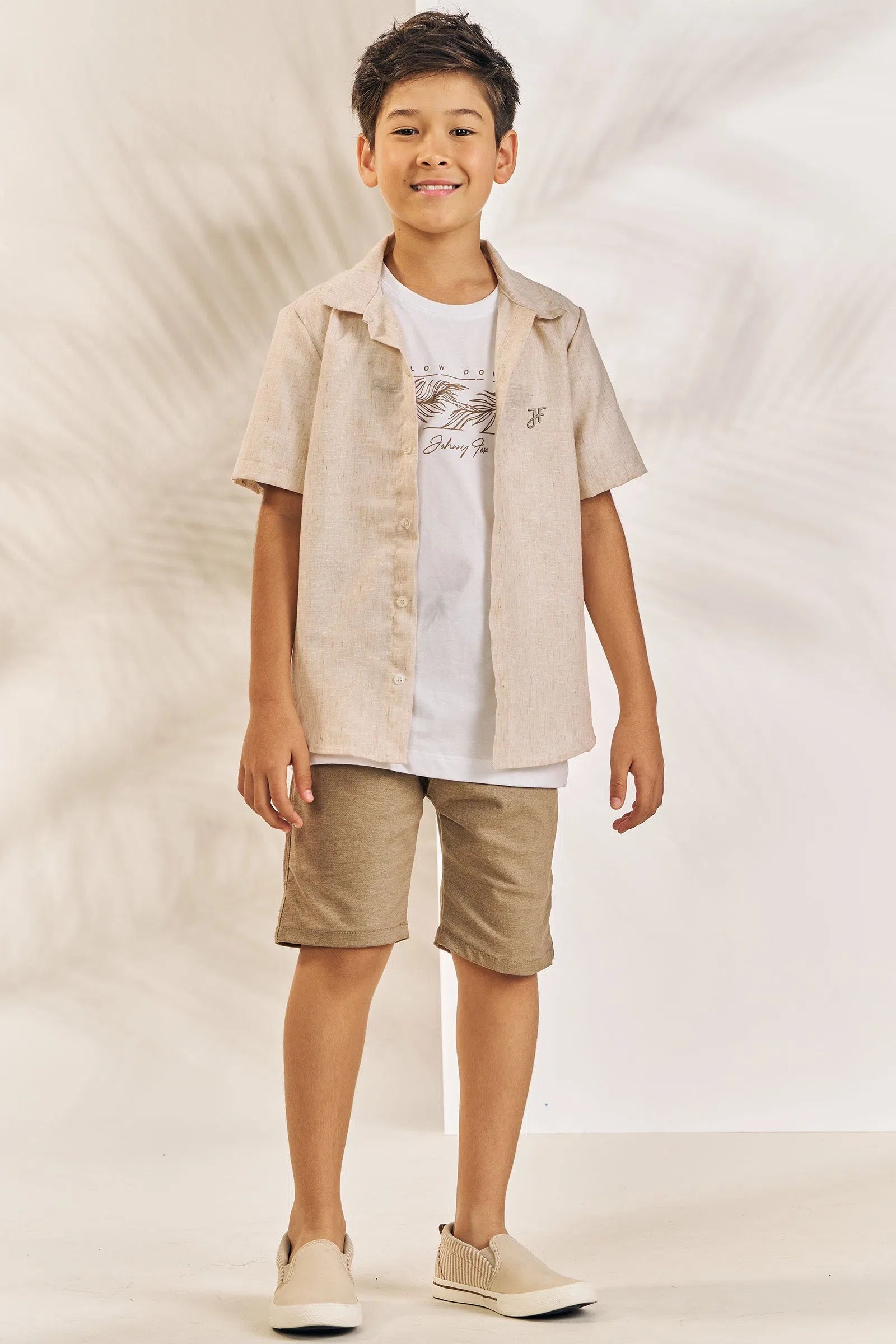 Trio de Camisa em Tecido Linen Look Bahamas Camiseta em M.m e Bermuda em Sarja Melange C/ 75844 Johnny Fox