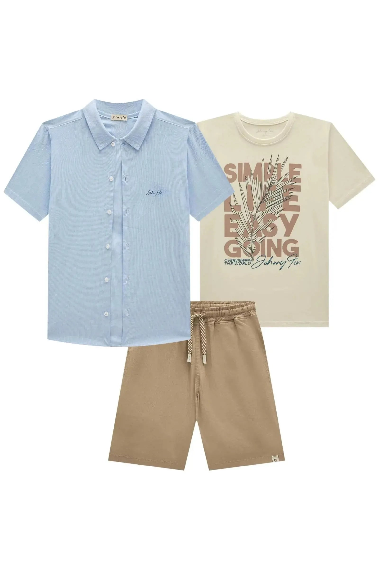 Trio de Camisa em Tricoline Camiseta em Meia Malha e Bermuda em Linho Santorine com Elastan 84077 Johnny Fox Teen Menino