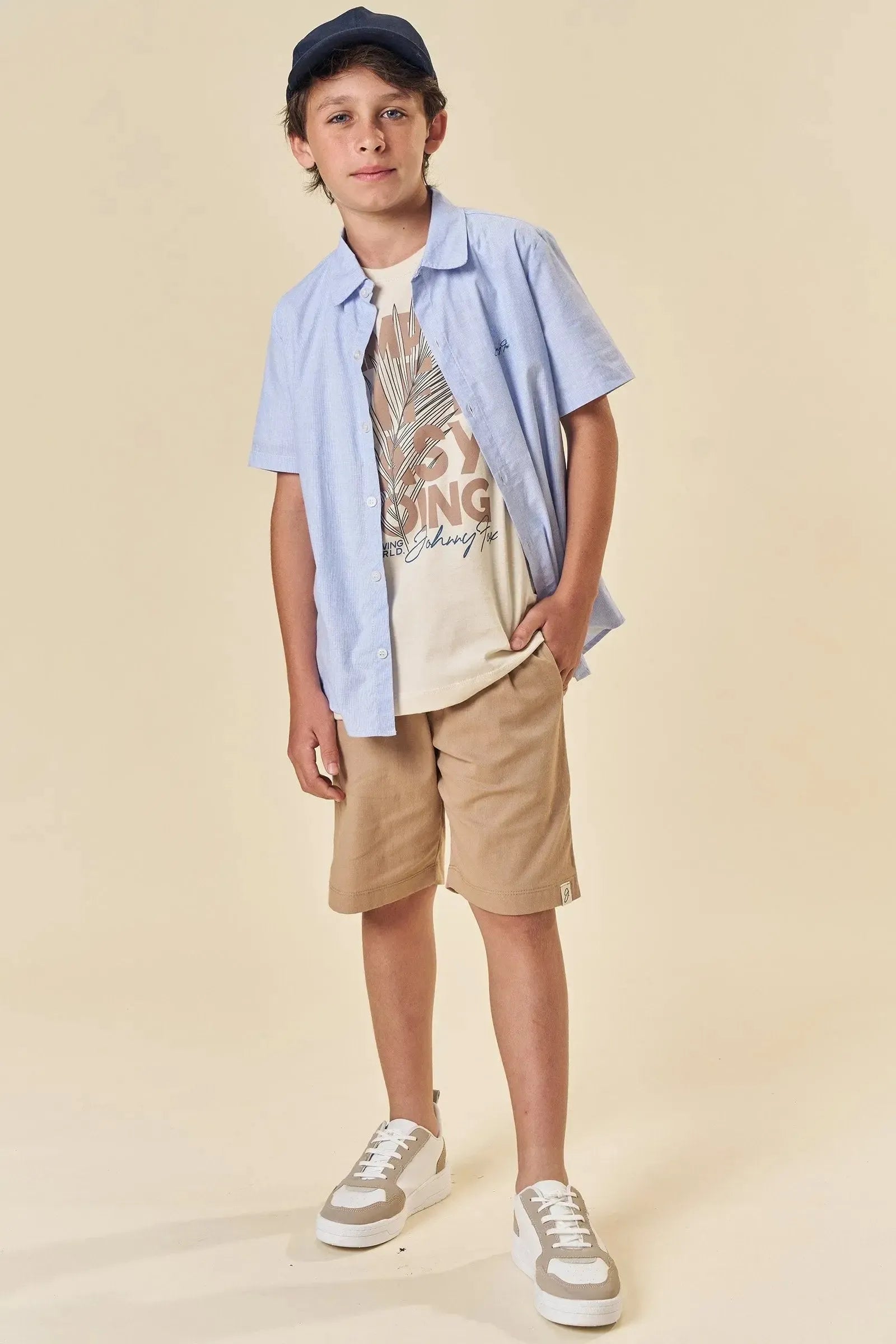 Trio de Camisa em Tricoline Camiseta em Meia Malha e Bermuda em Linho Santorine com Elastan 84077 Johnny Fox Teen Menino