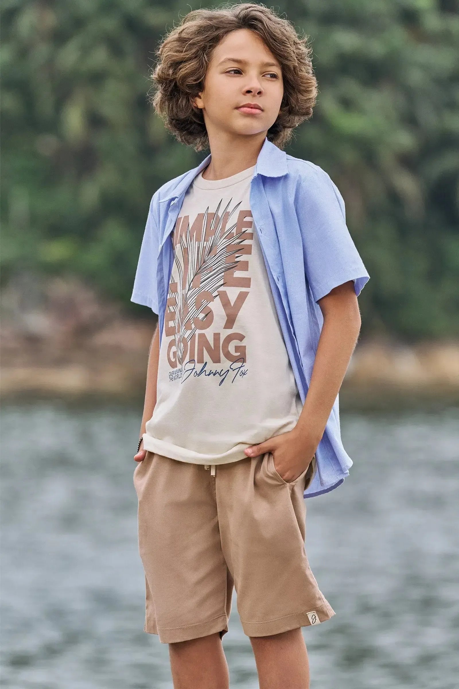 Trio de Camisa em Tricoline Camiseta em Meia Malha e Bermuda em Linho Santorine com Elastan 84077 Johnny Fox Teen Menino