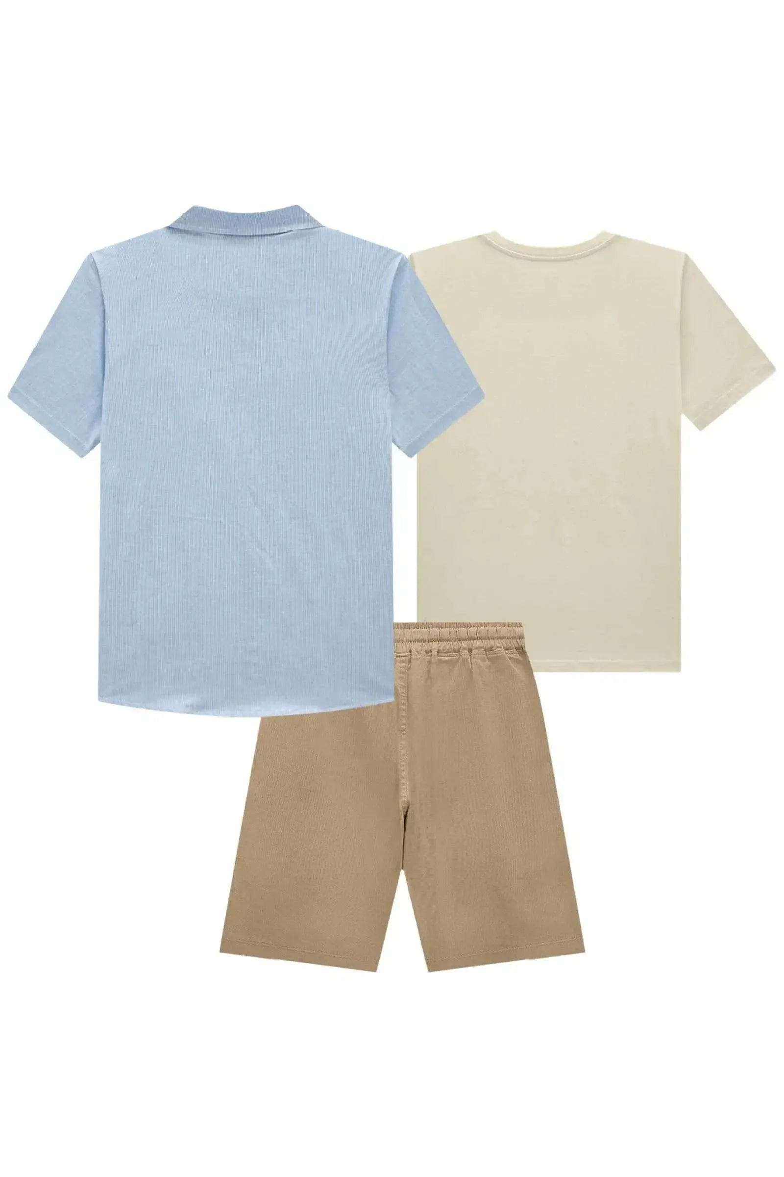 Trio de Camisa em Tricoline Camiseta em Meia Malha e Bermuda em Linho Santorine com Elastan 84077 Johnny Fox Teen Menino