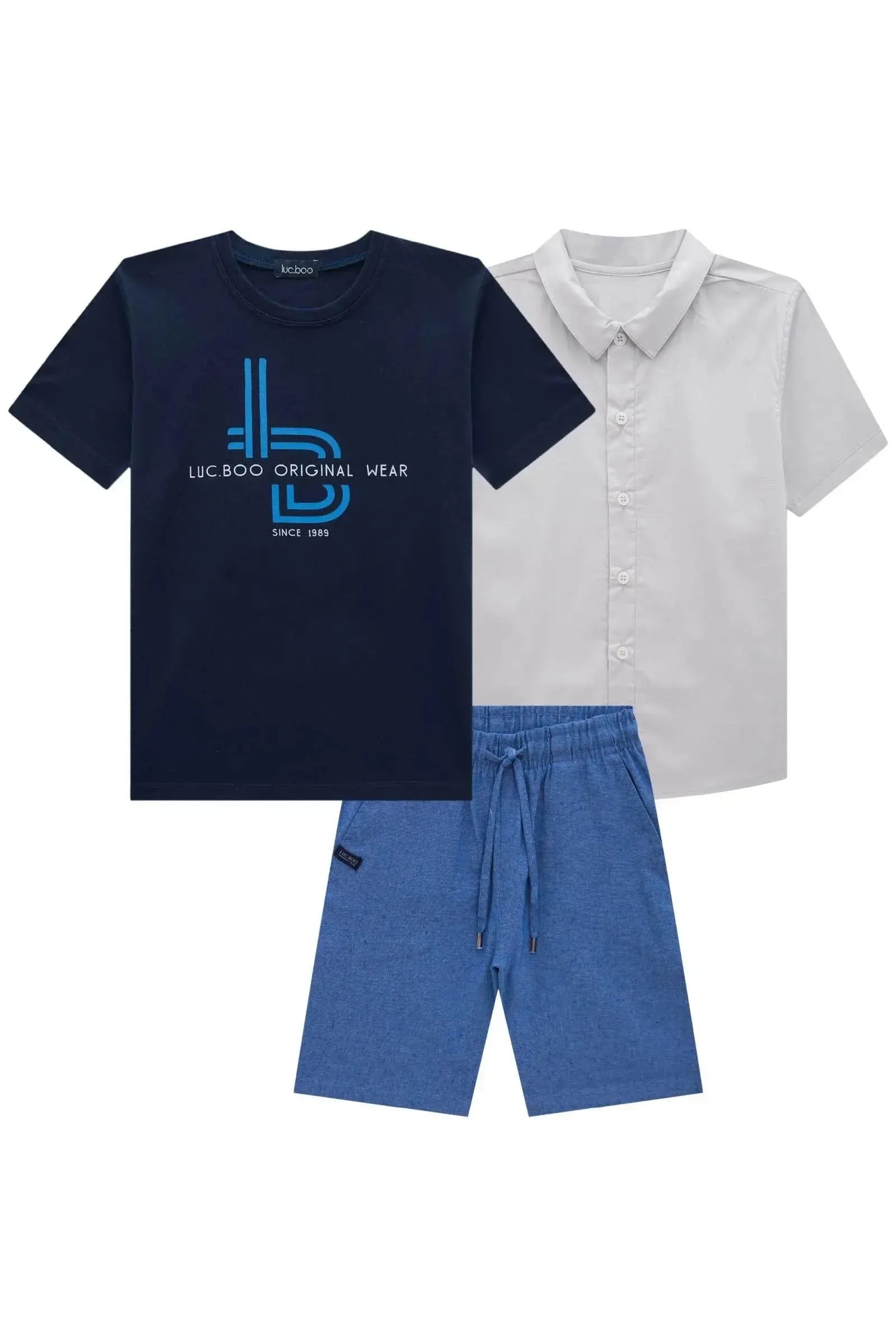 Trio de Camiseta em Meia Malha Camisa em Tricoline e Bermuda em Tecido Dubai com Elastano 85556 LucBoo Infantil Menino