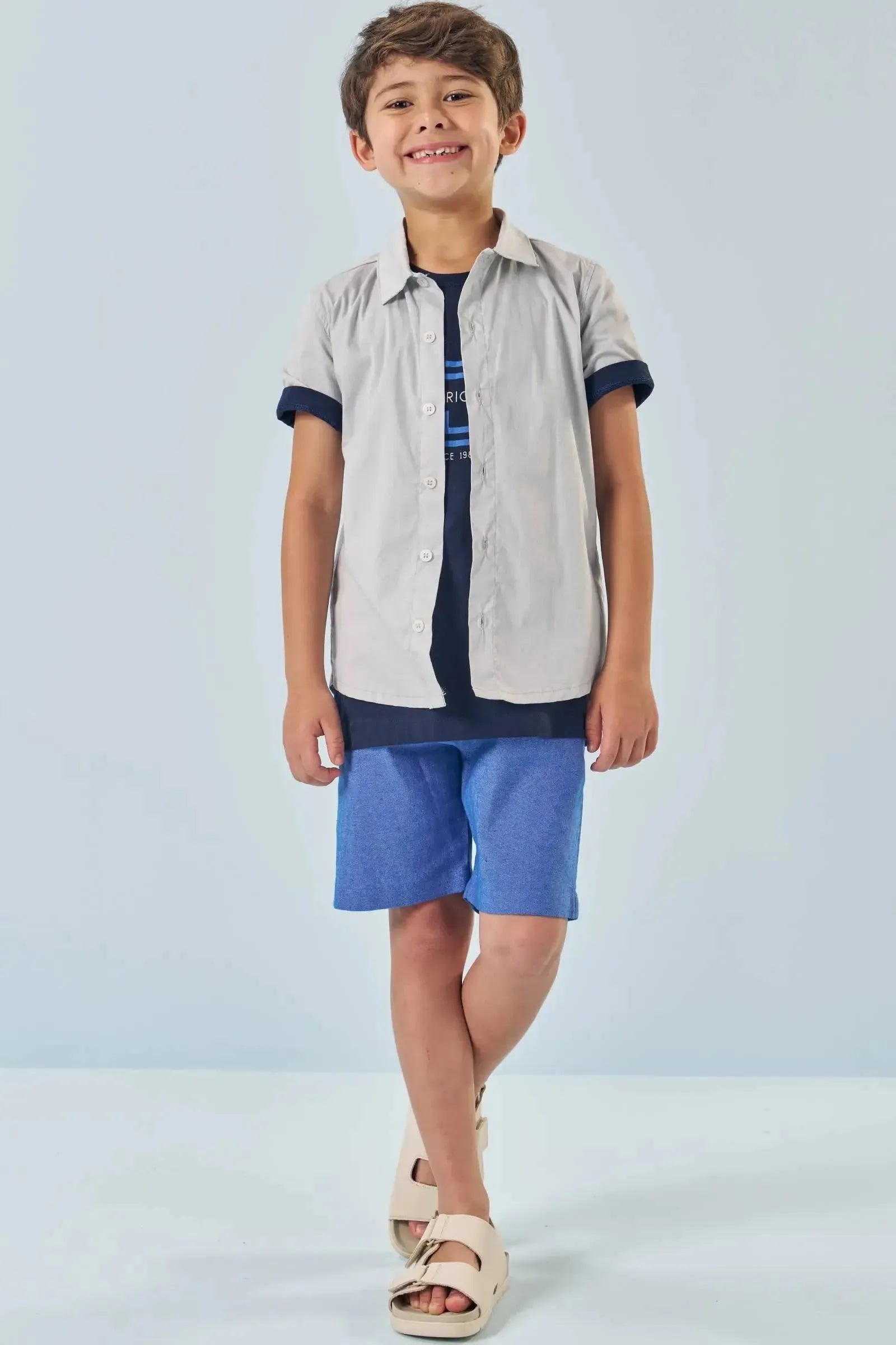 Trio de Camiseta em Meia Malha Camisa em Tricoline e Bermuda em Tecido Dubai com Elastano 85556 LucBoo Infantil Menino