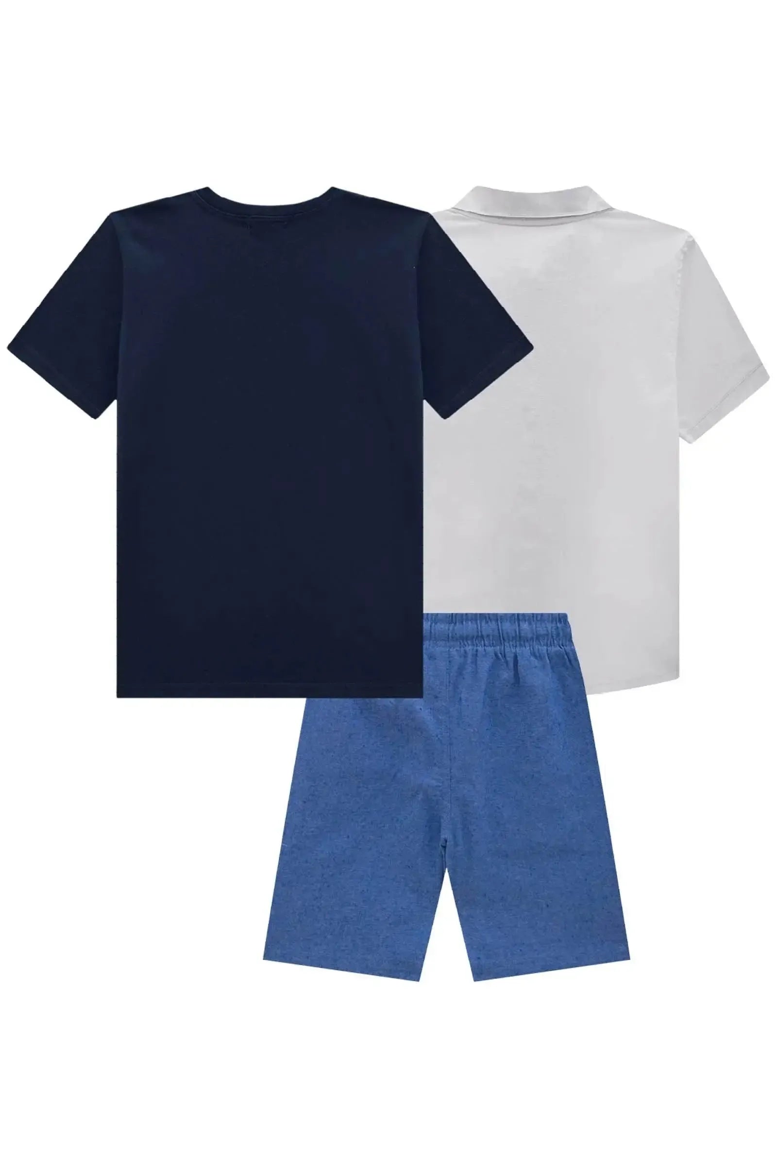 Trio de Camiseta em Meia Malha Camisa em Tricoline e Bermuda em Tecido Dubai com Elastano 85556 LucBoo Infantil Menino