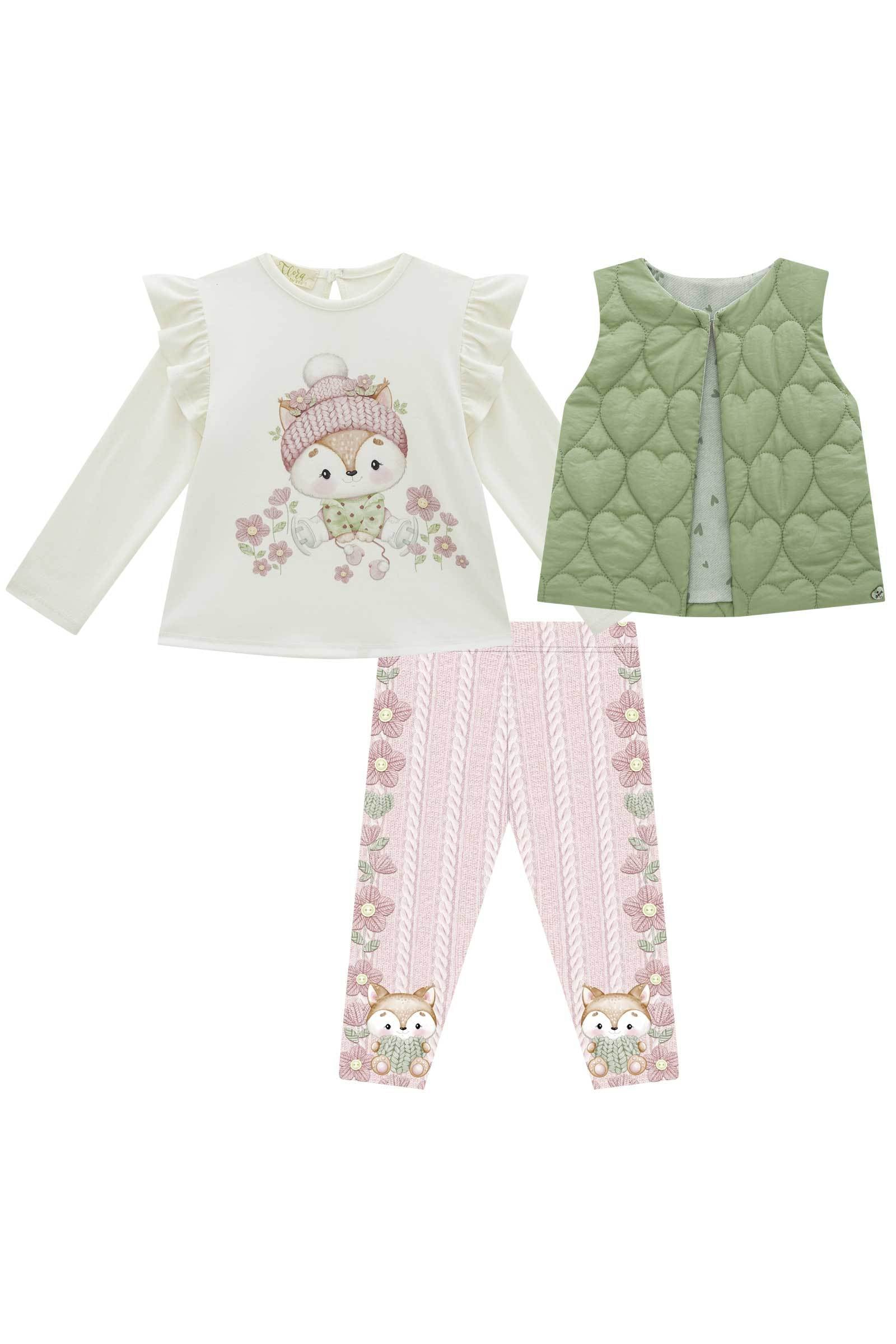 Trio de Colete em Matelassê com Bata em Cotton e Calça Legging em Termoskin Peluciado 79607 Infanti Bebê Menina