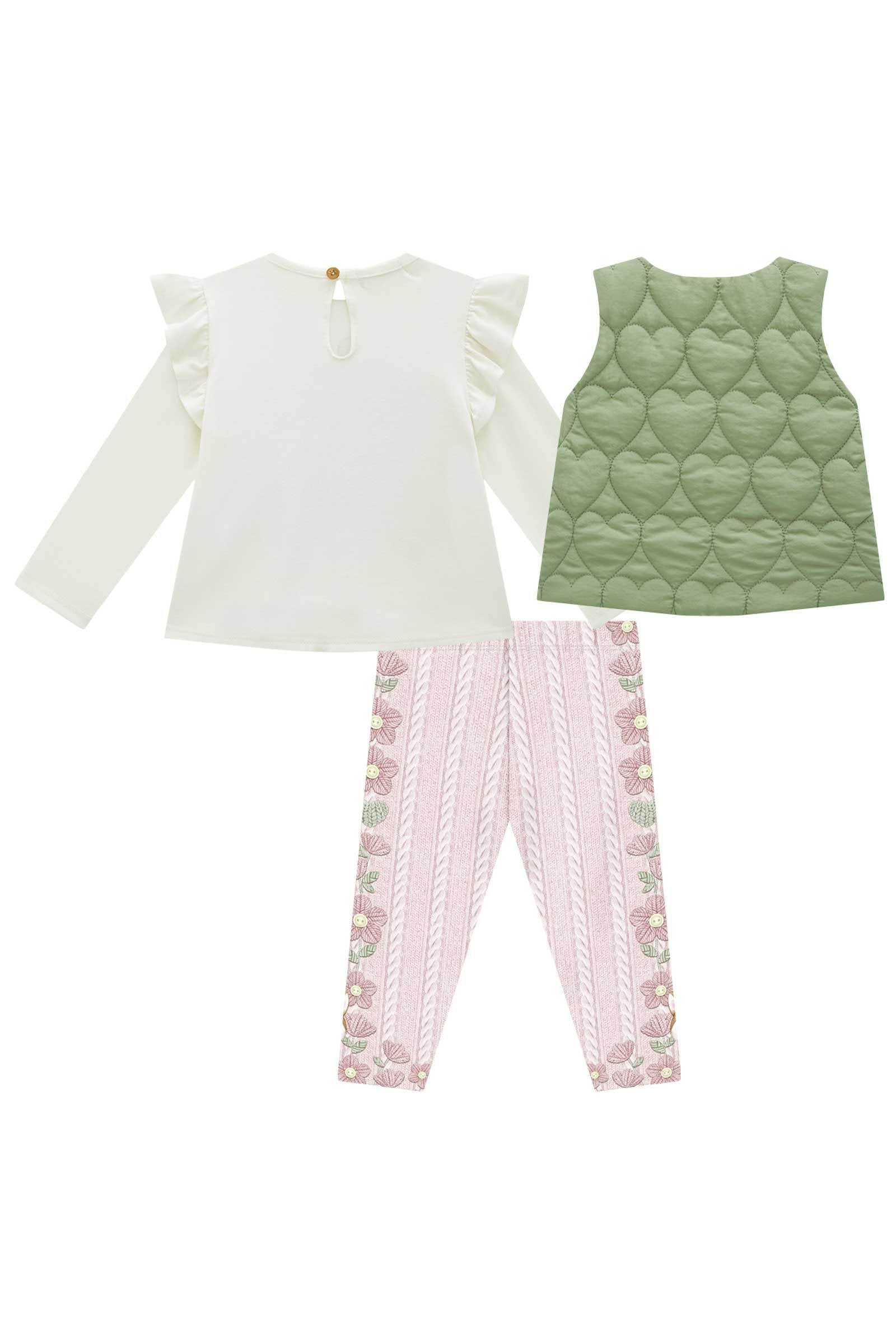 Trio de Colete em Matelassê com Bata em Cotton e Calça Legging em Termoskin Peluciado 79607 Infanti Bebê Menina