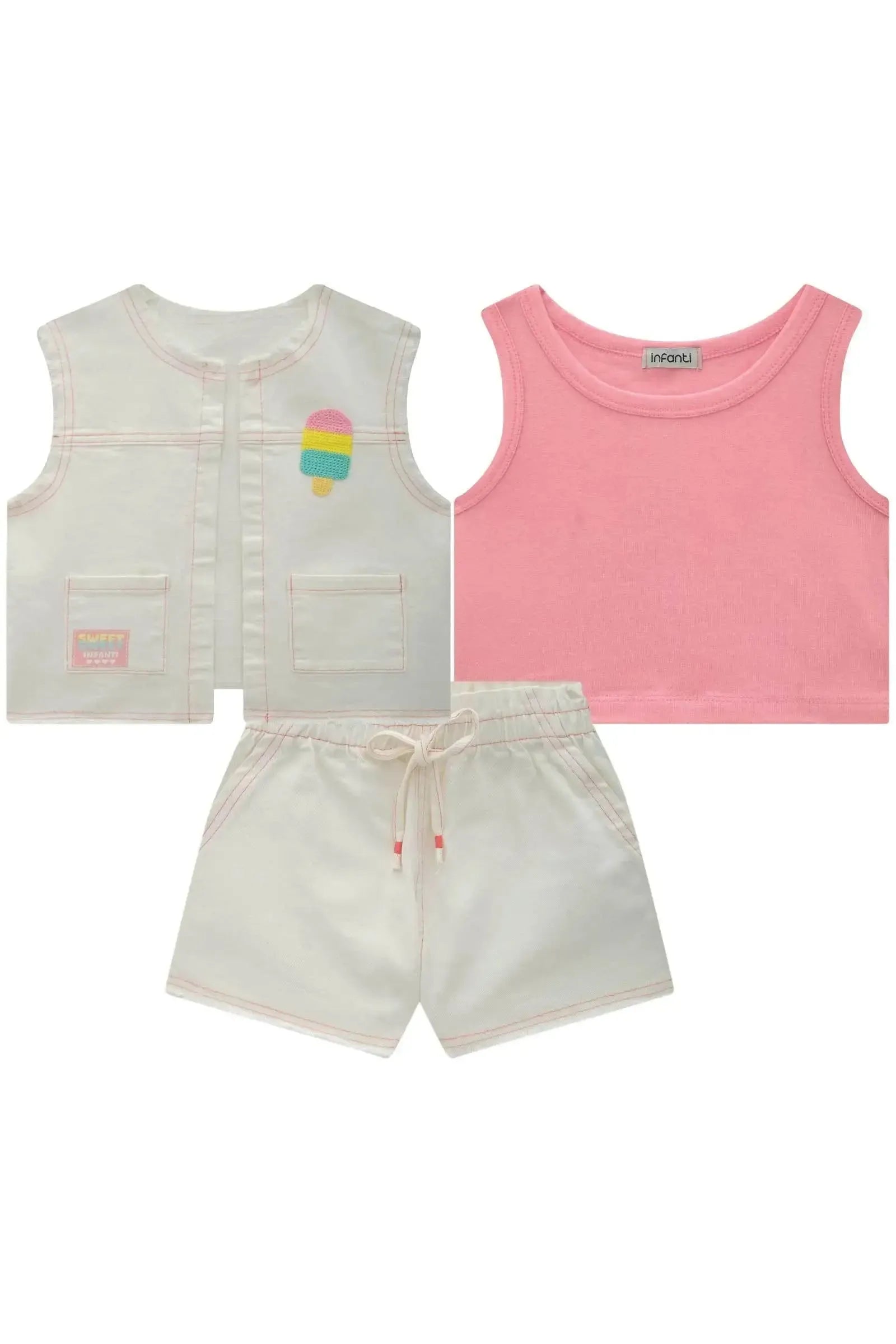 Trio de Regata Cropped em Cotton Colete e Shorts em Sarja com Elastano 83120 Infanti Infantil Menina