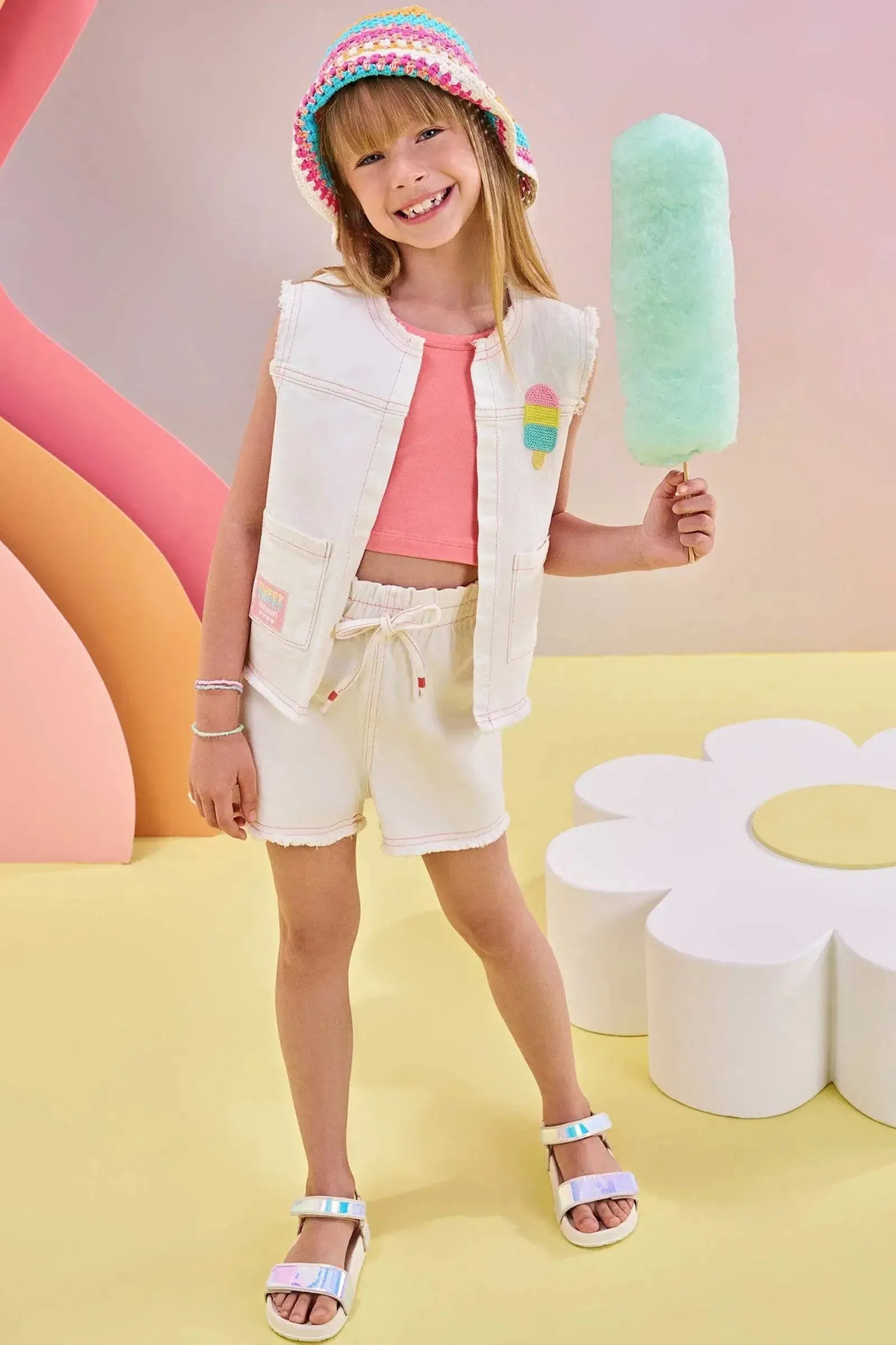 Trio de Regata Cropped em Cotton Colete e Shorts em Sarja com Elastano 83120 Infanti Infantil Menina