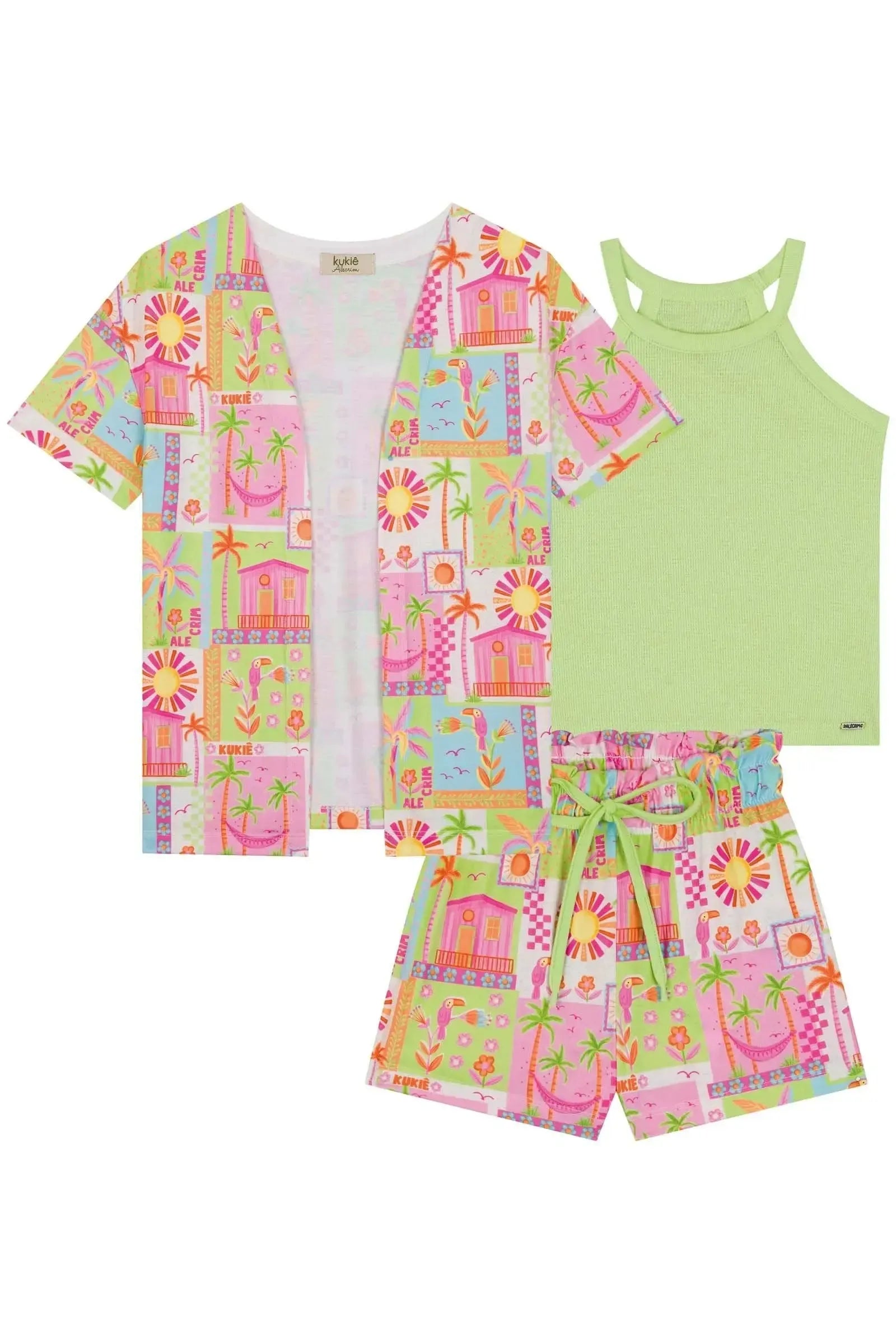 Trio de Regata em Malha Little Waffle e Shorts e Kimono em Malha Fresh 84493 Kukiê Infantil Menina