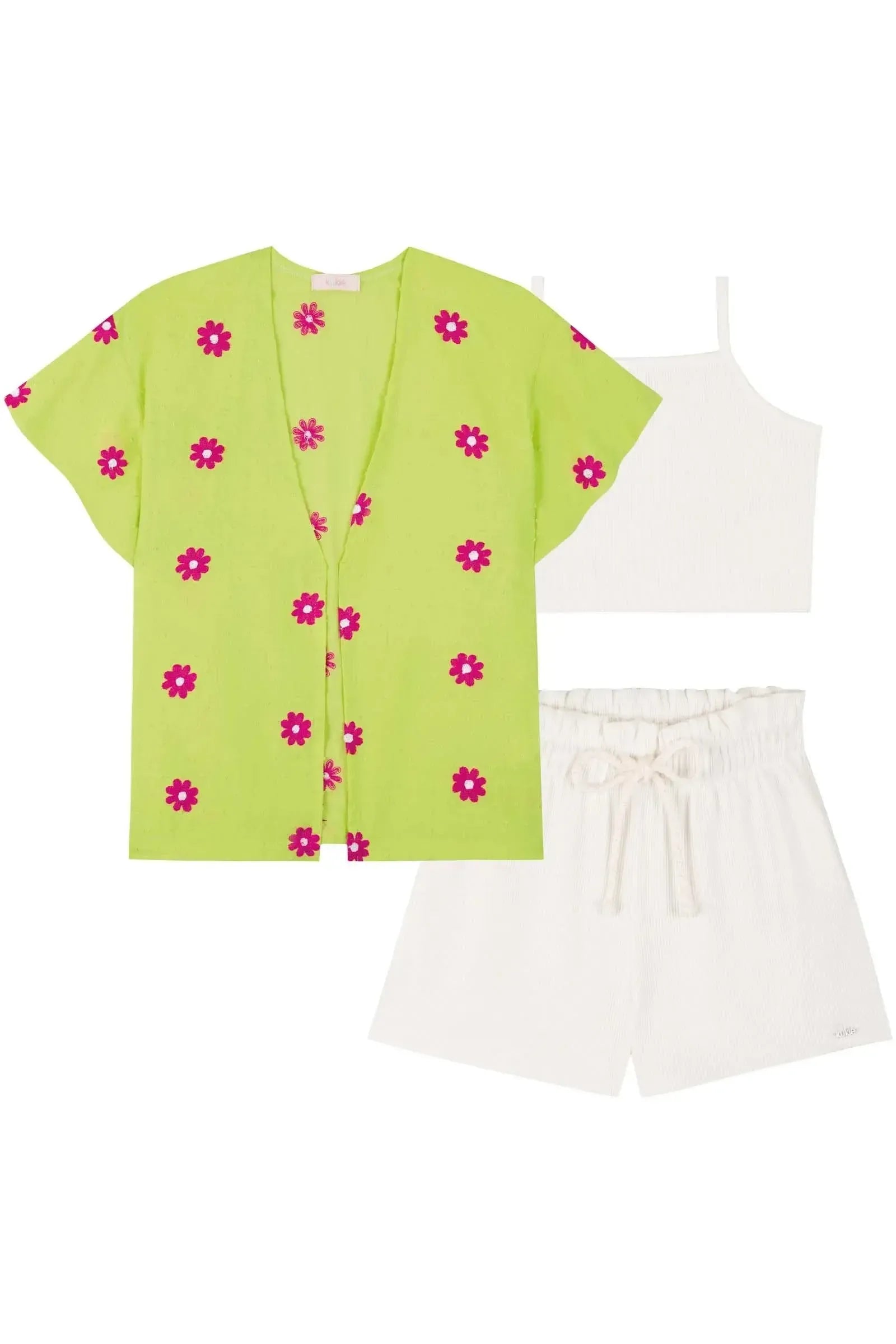Trio de Top Cropped e Shorts em Soft Line e Kimono em Tricoline Bordado Flores 85235 Kukiê Infantil Menina