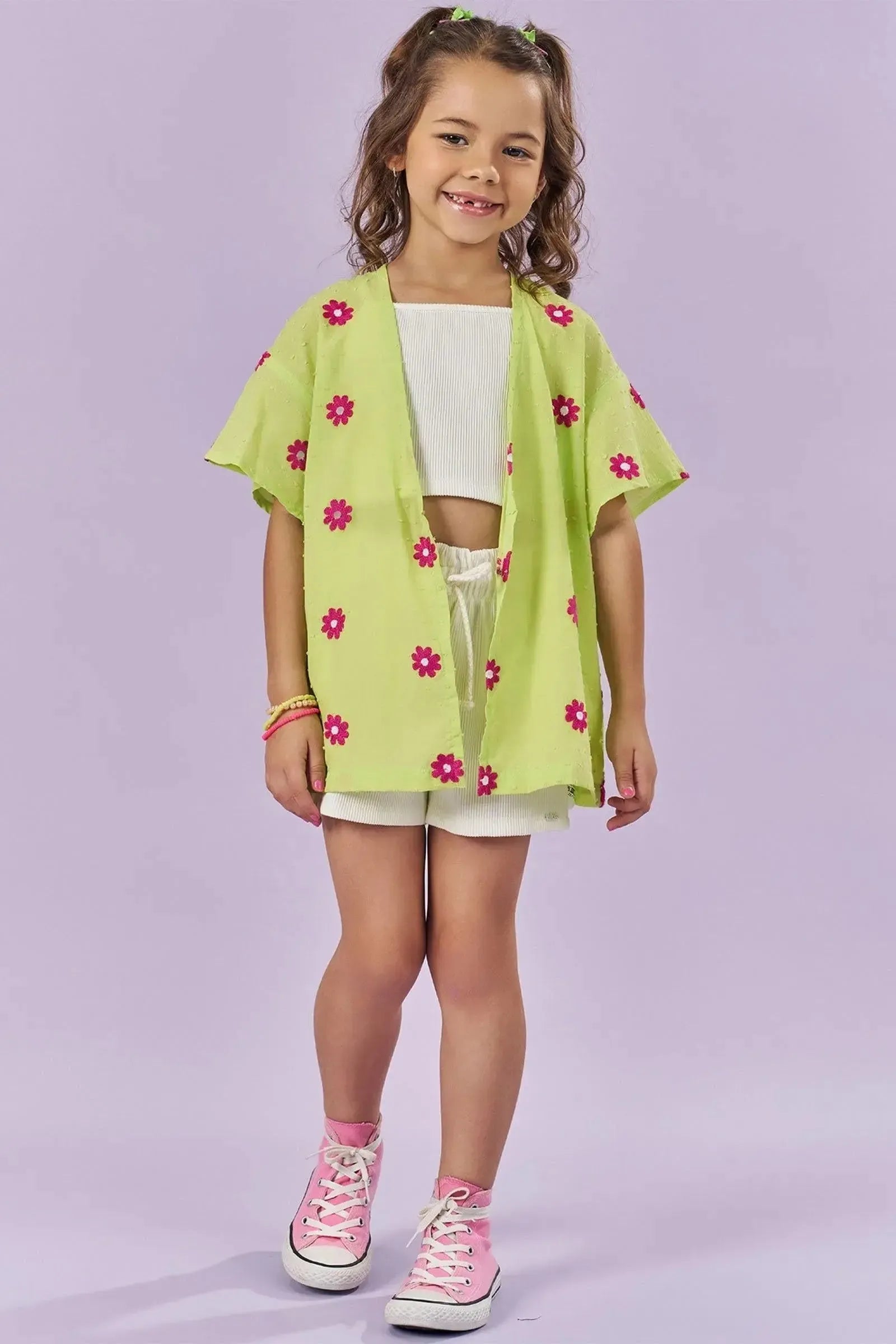 Trio de Top Cropped e Shorts em Soft Line e Kimono em Tricoline Bordado Flores 85235 Kukiê Infantil Menina