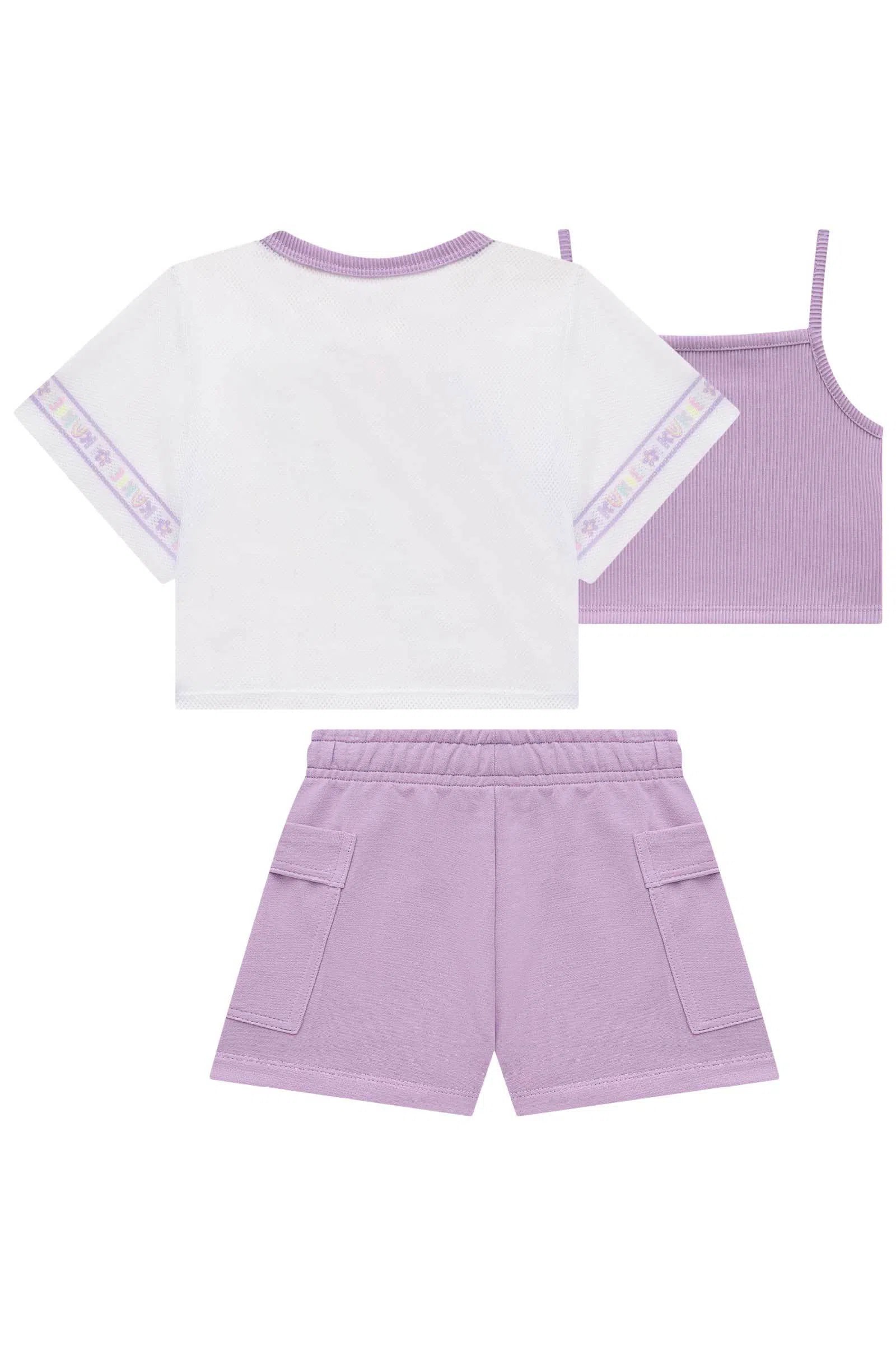 Trio de Top Cropped em Soft Line Blusa Boxy em Tela e Shorts em Moletom 76057 Kukiê