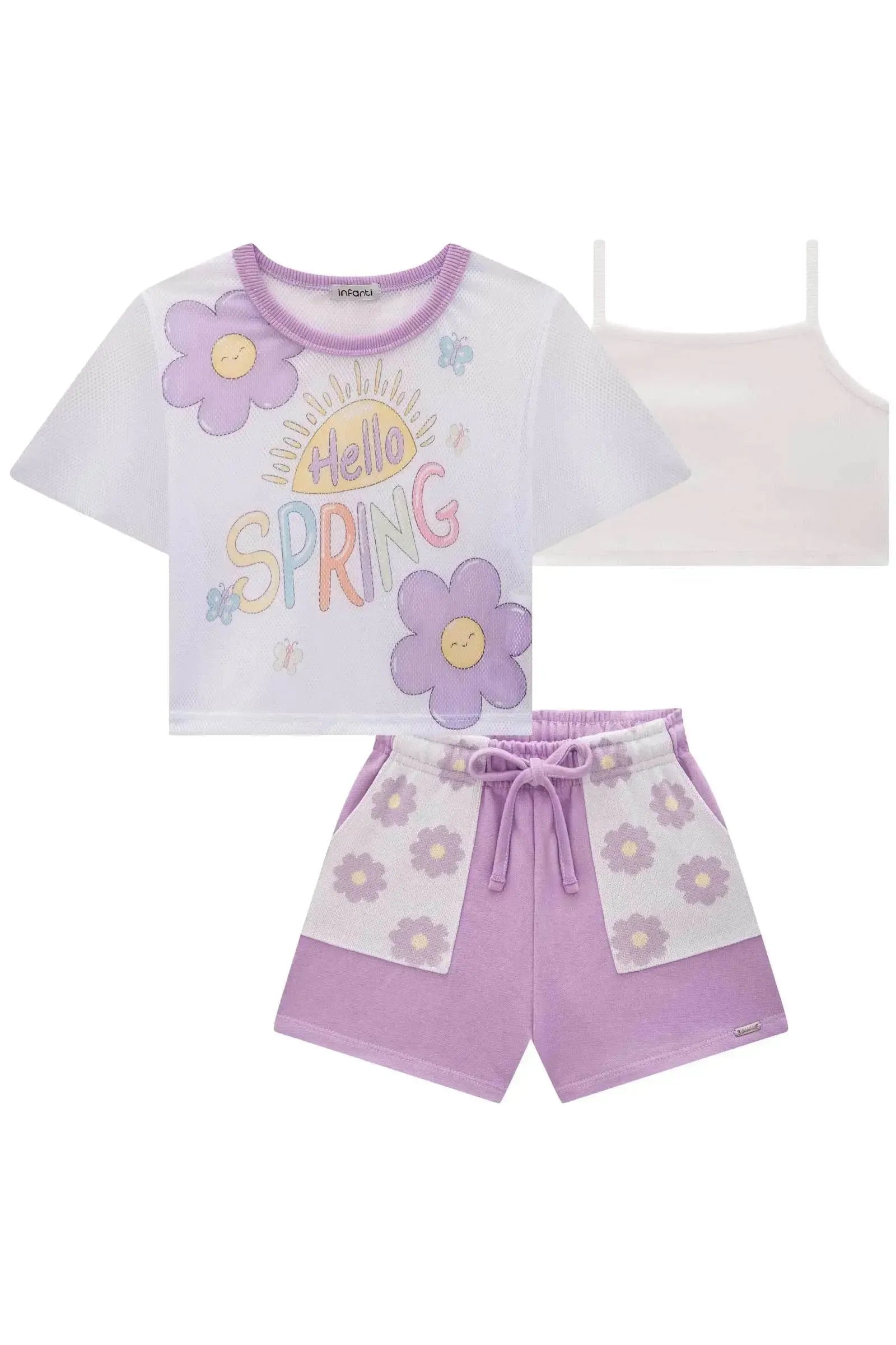 Trio de Top em Canelado Blusa Boxy em Tela e Shorts em Moletom 83121 Infanti Infantil Menina