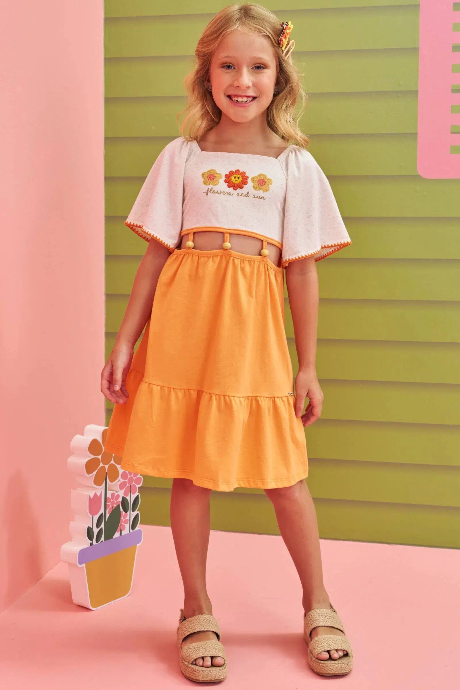 Vestido em Cotton Linho e Meia Malha 76967 Kukiê