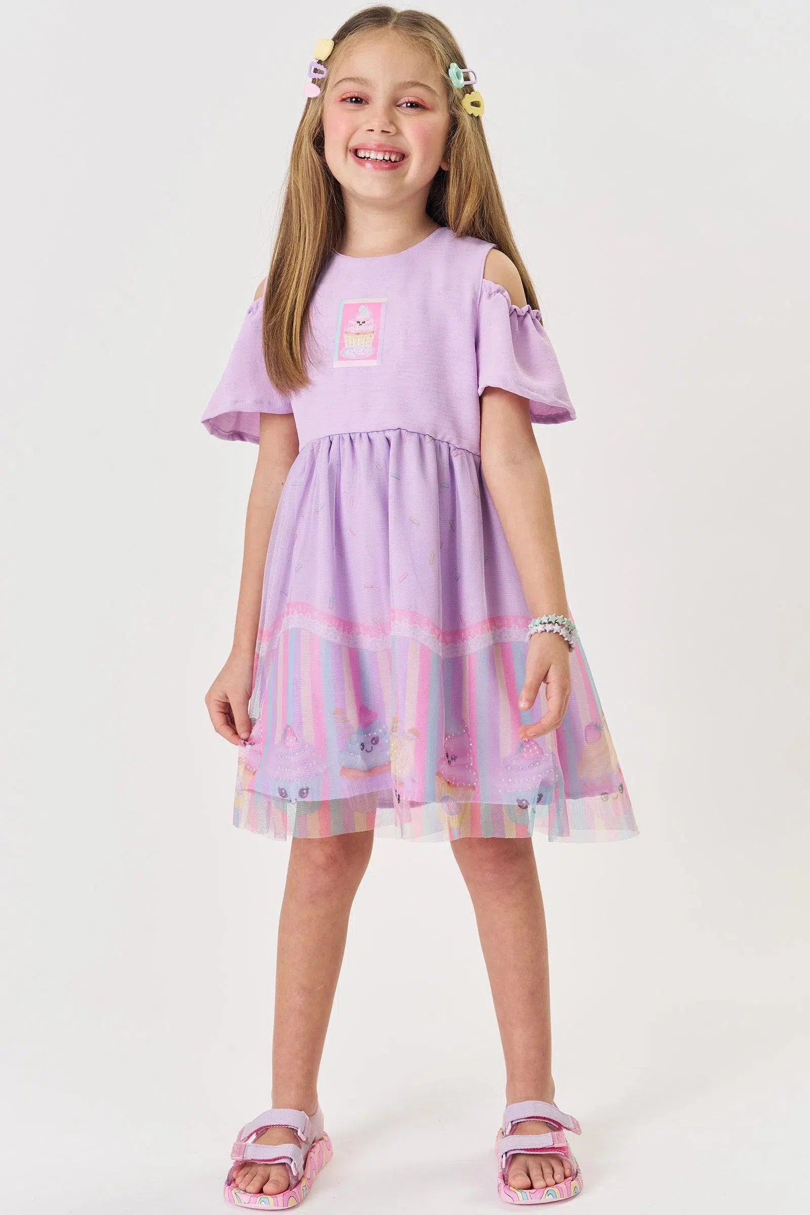 Vestido Infantil Menina em Crepe Dots e Tule com Elastano 82256 Kukiê