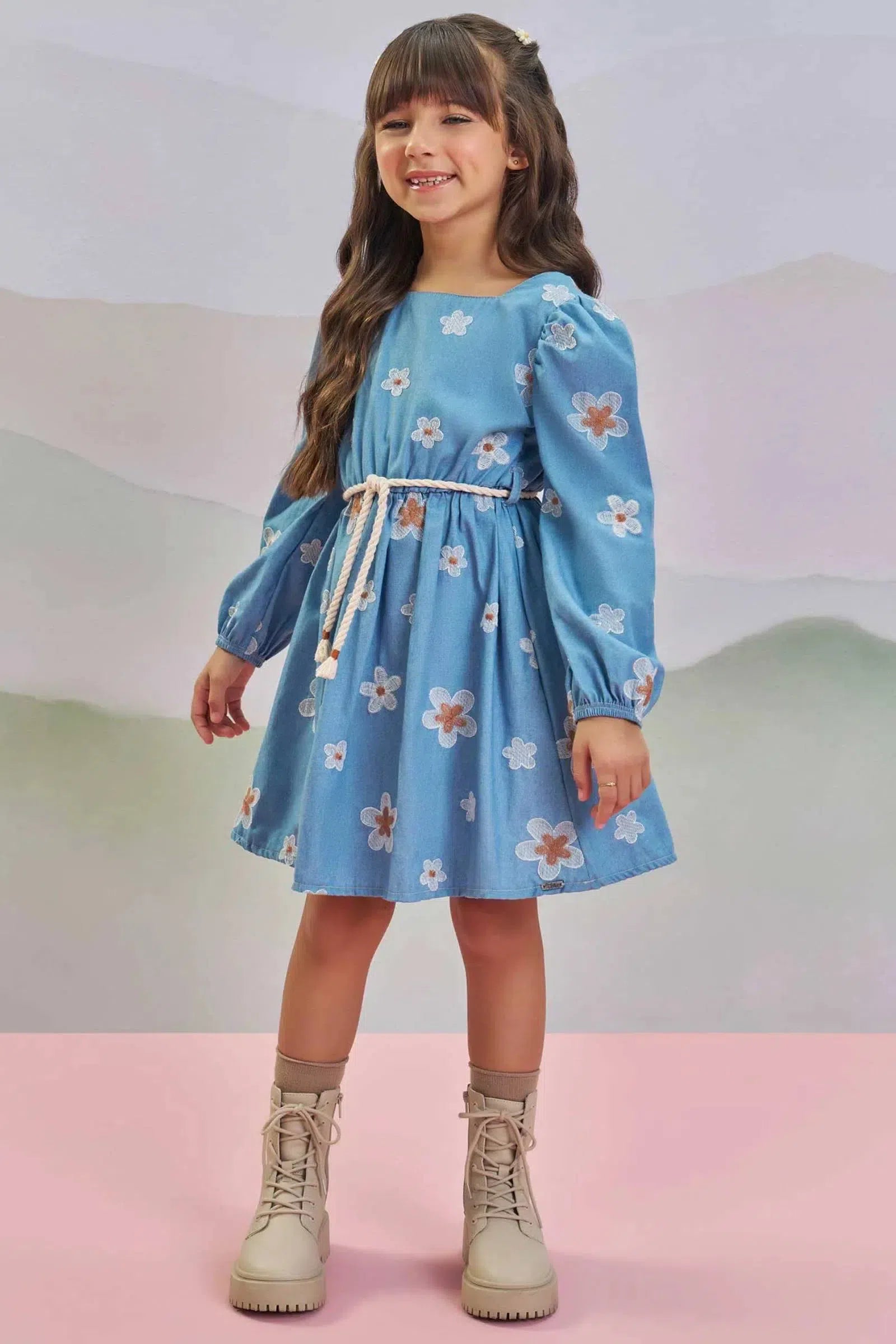 Vestido em Denim Bordado 79573 Infanti Infantil Menina