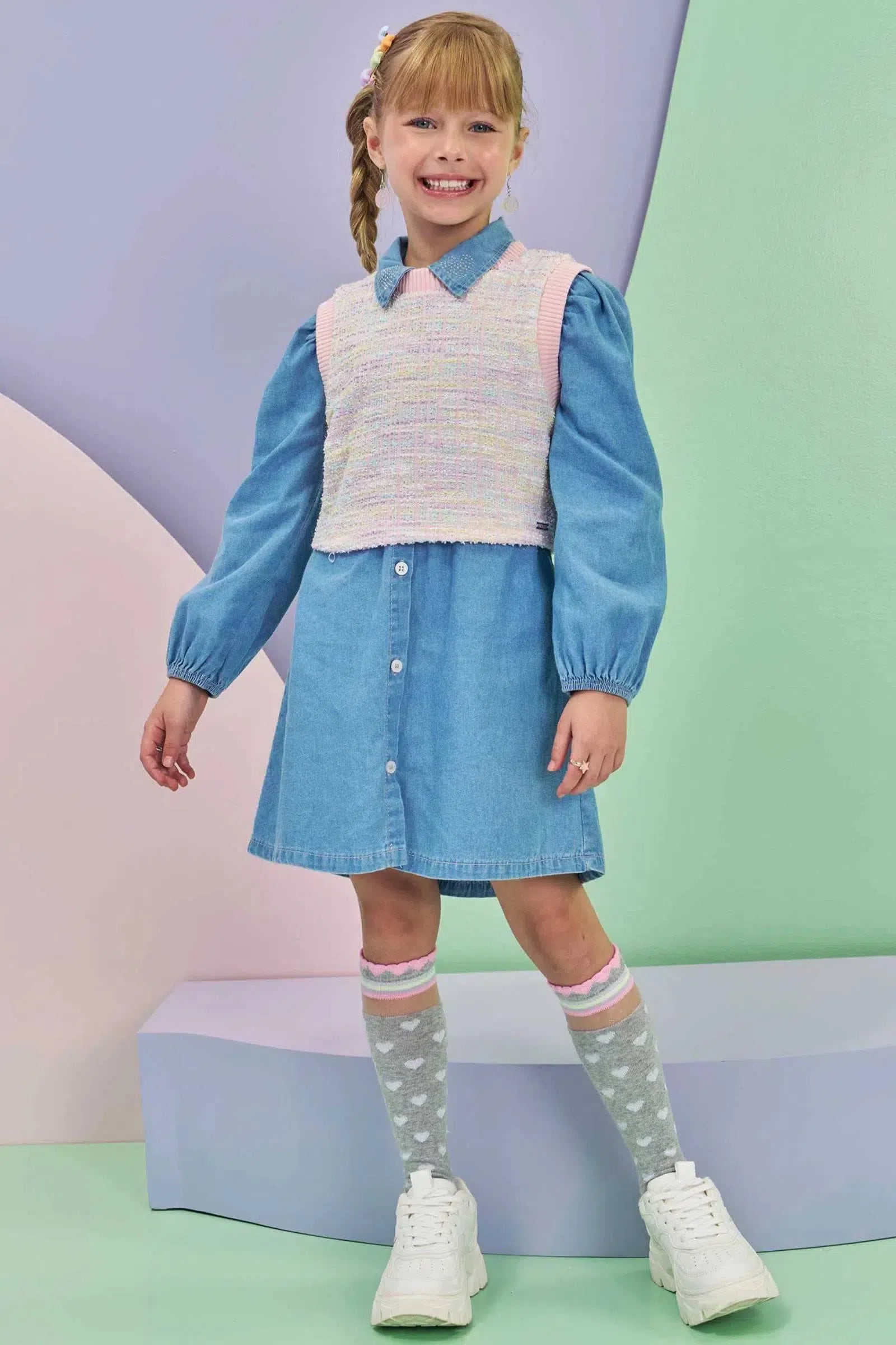 Vestido em Jeans Teca e Colete em Malha Tweed Firenzi 80108 Infanti Infantil Menina