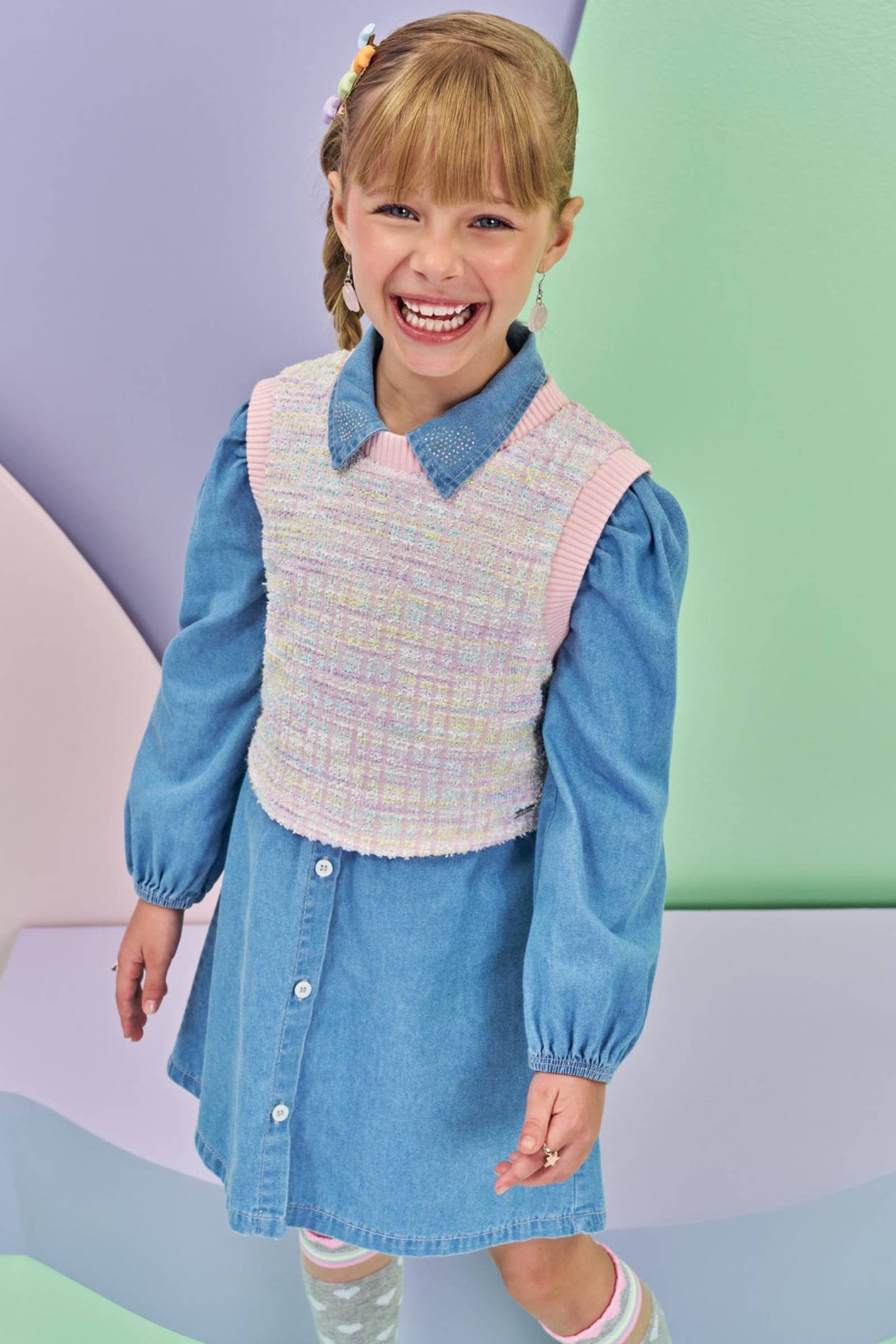 Vestido em Jeans Teca e Colete em Malha Tweed Firenzi 80108 Infanti Infantil Menina