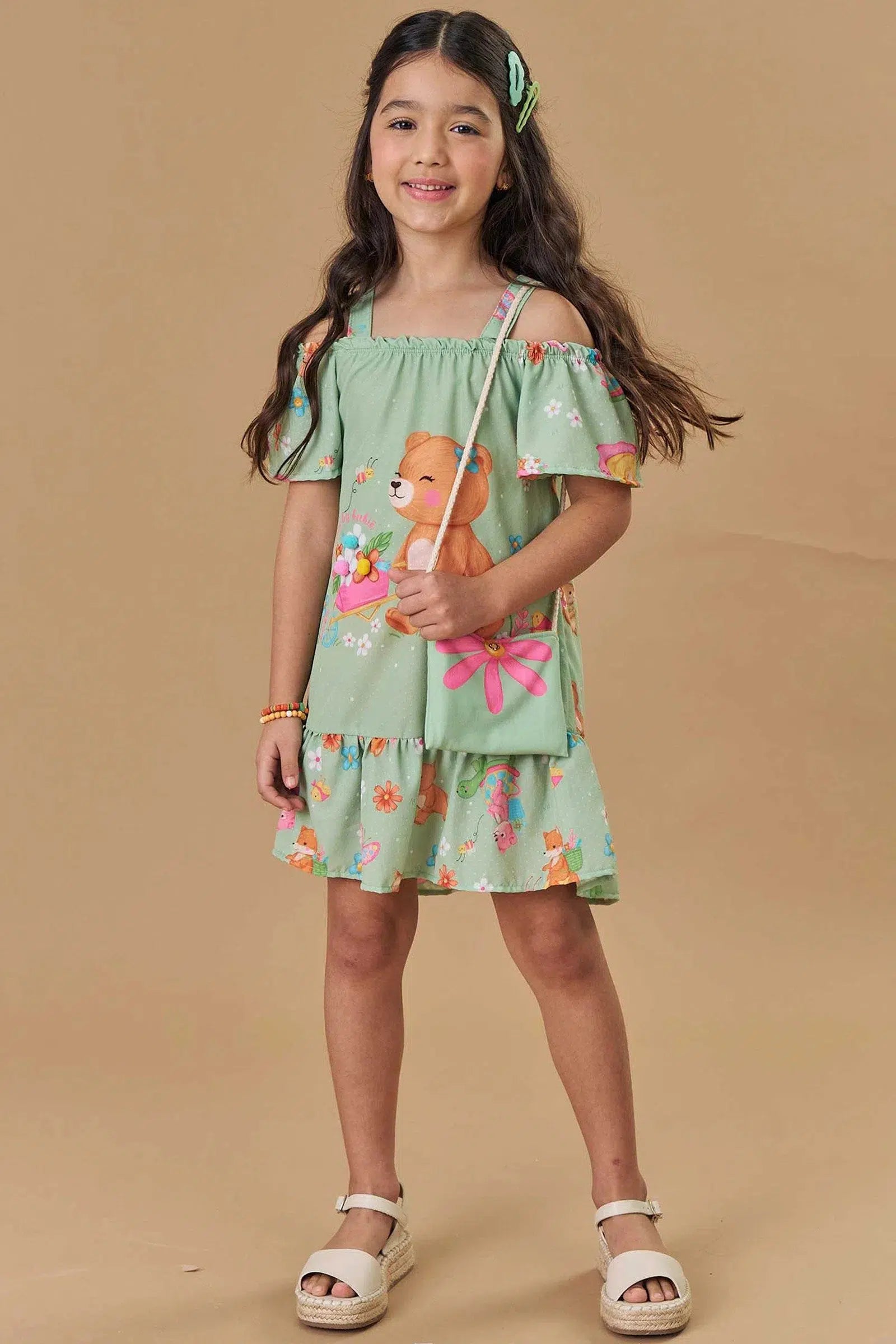 Vestido Infantil Menina em Light Peach Textura. Acompanha Bolsa 81957 Kukiê