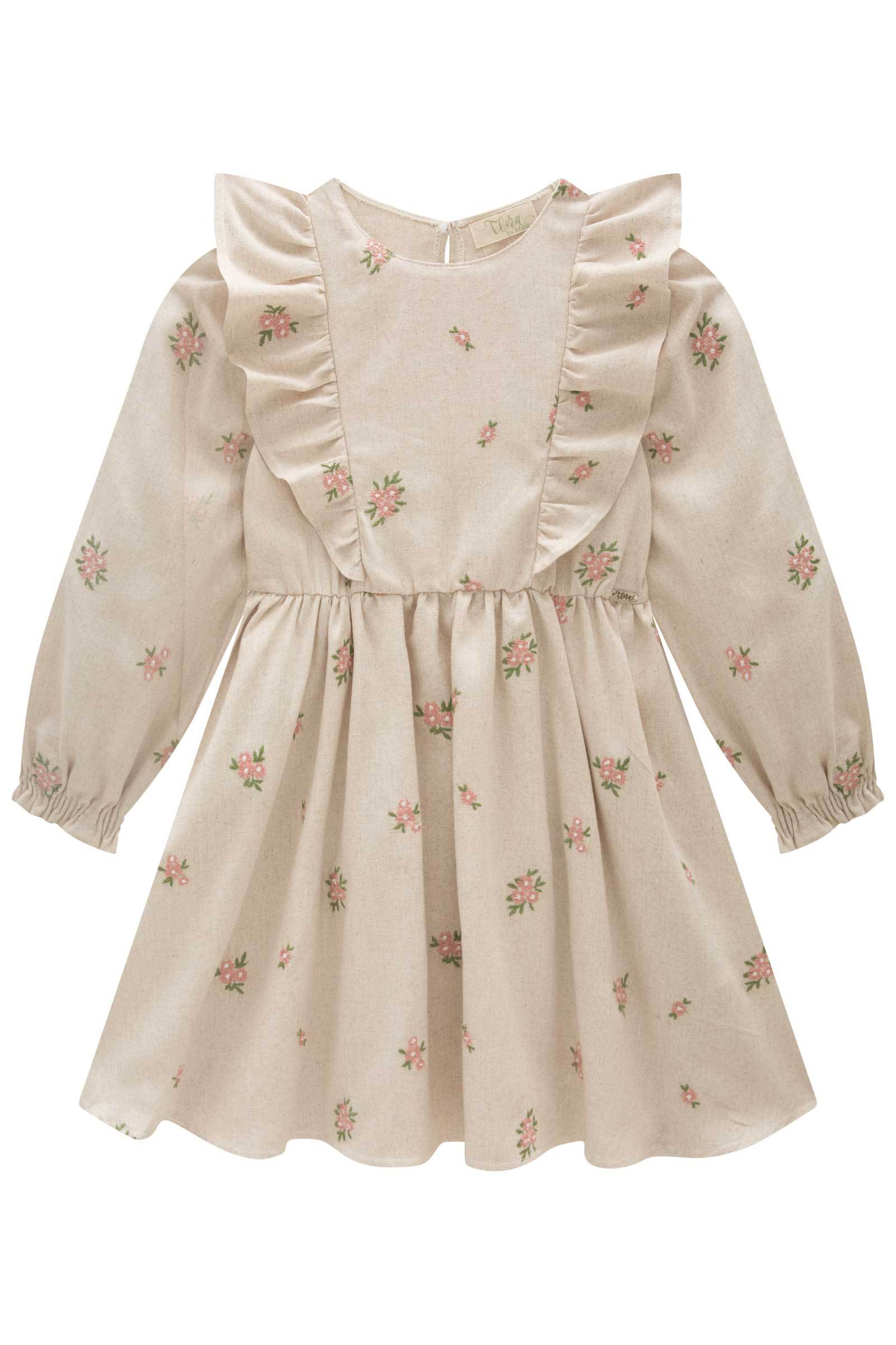 Vestido em Linho Bordado Flores 79185 Infanti Infantil Menina