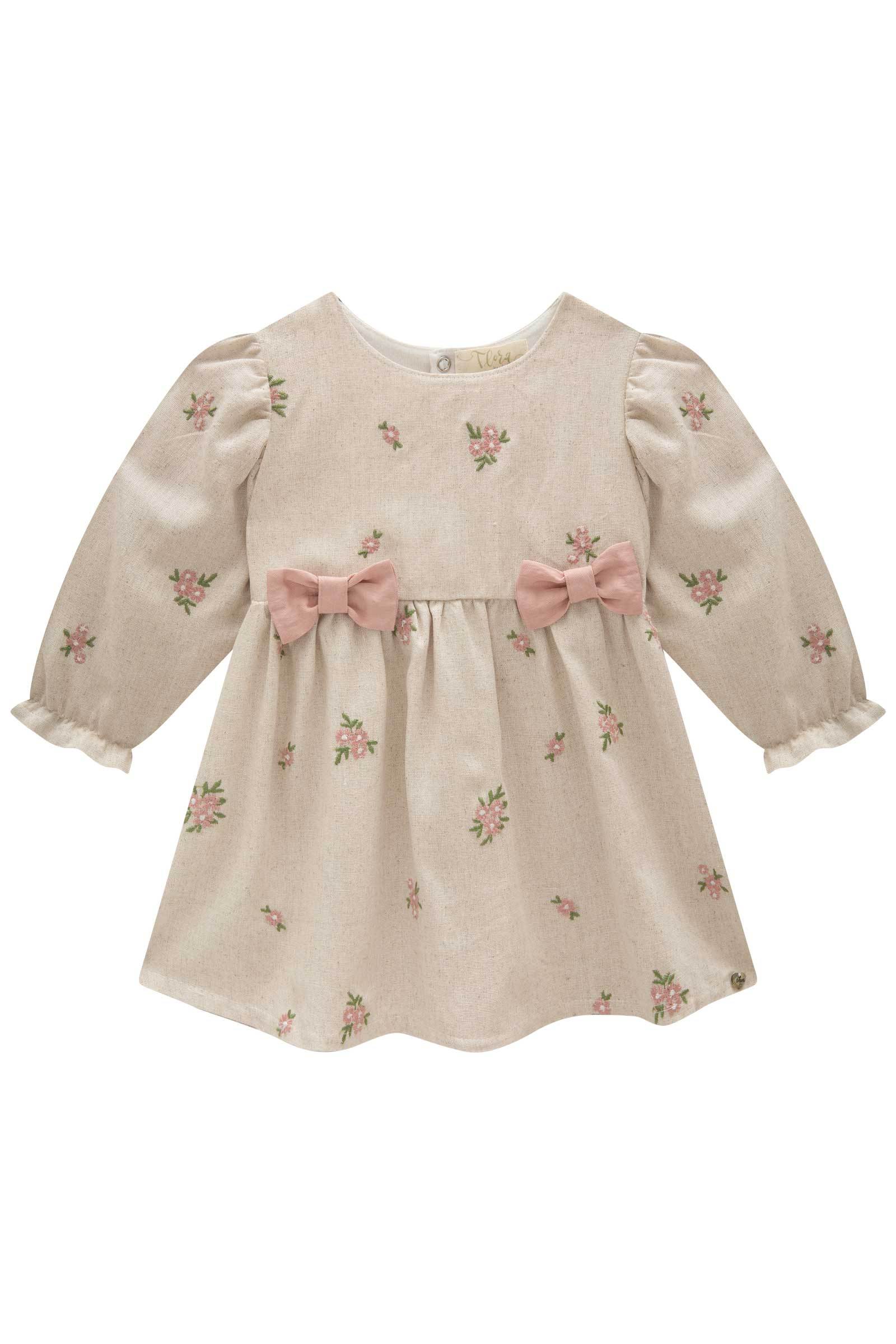 Vestido em Linho Bordado Flores 79370 Infanti Bebê Menina