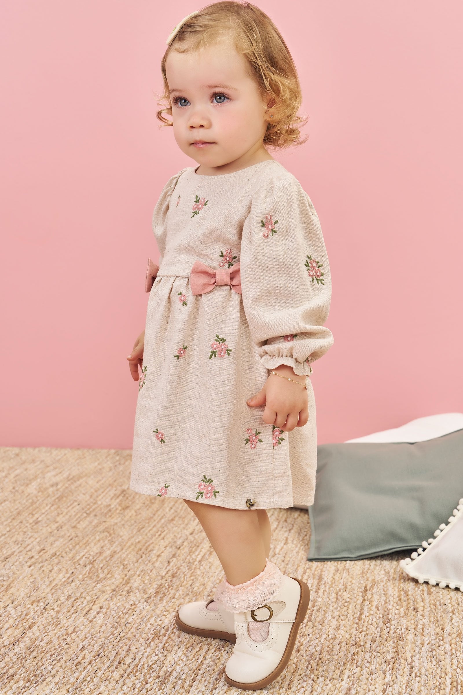 Vestido em Linho Bordado Flores 79370 Infanti Bebê Menina