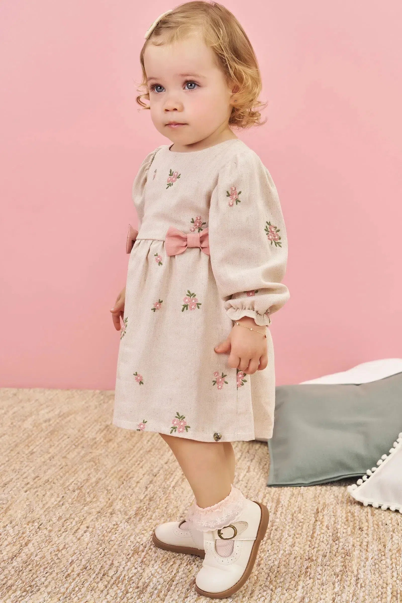 Vestido em Linho Bordado Flores 79370 Infanti Bebê Menina