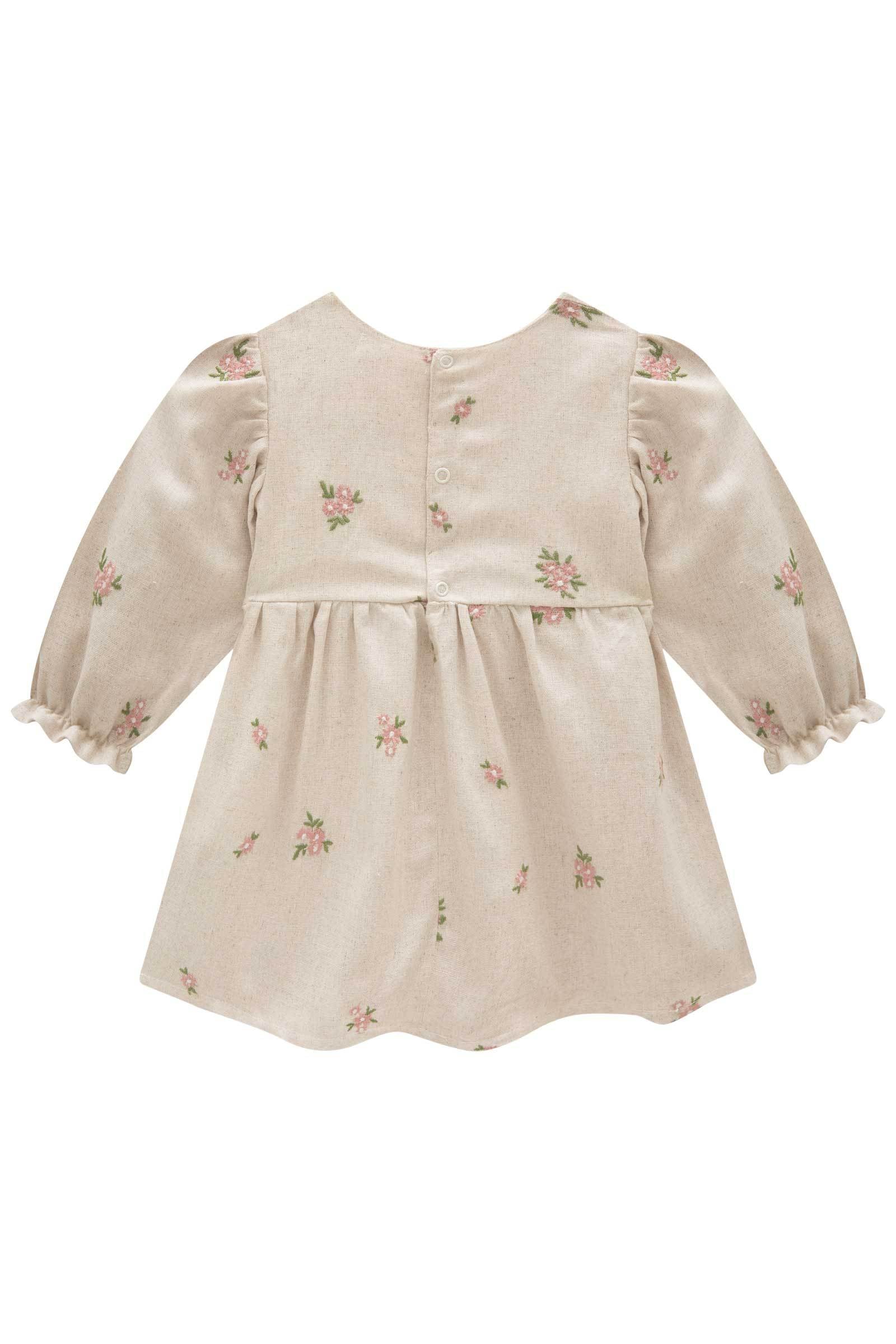 Vestido em Linho Bordado Flores 79370 Infanti Bebê Menina